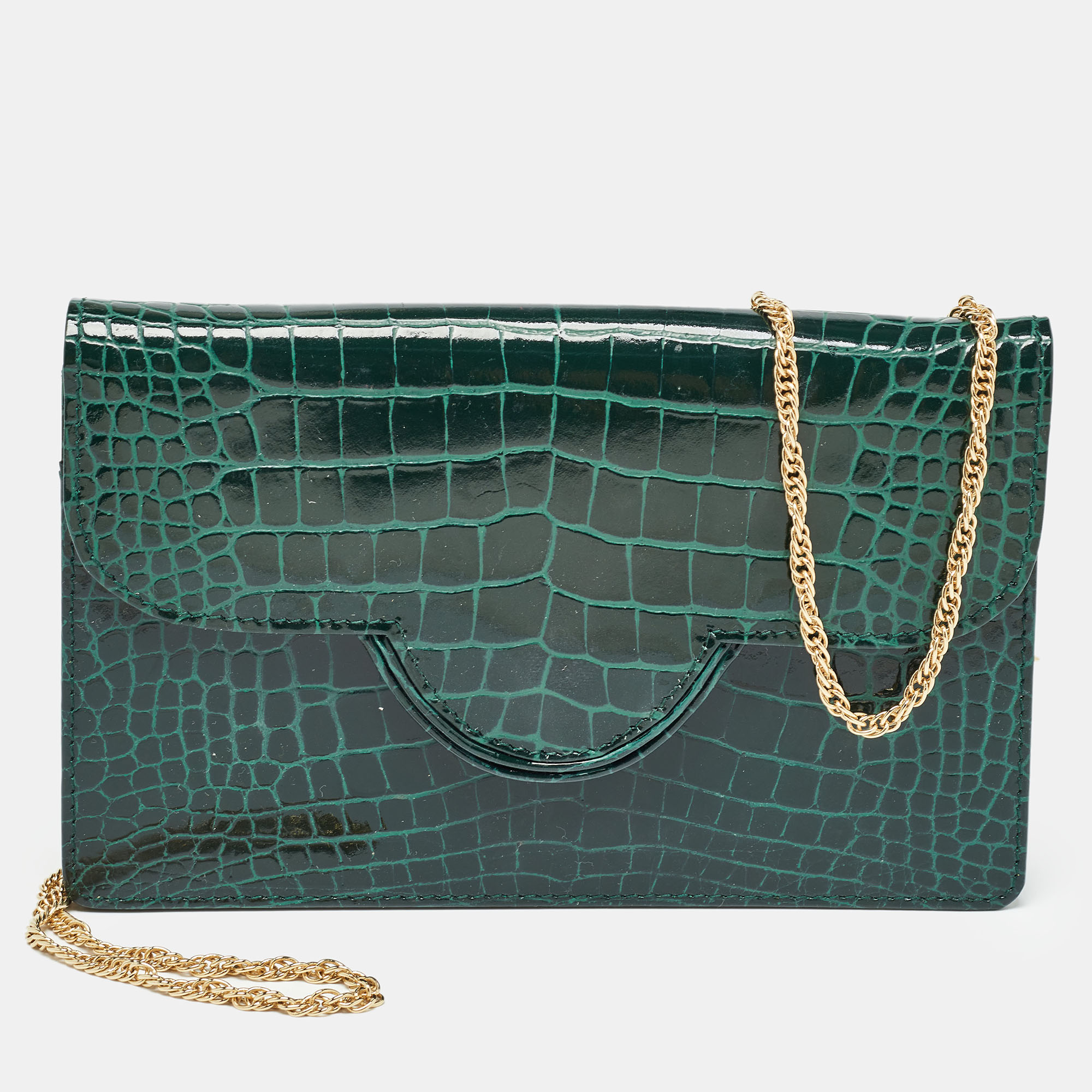Aspinal of london green croc embossed leather large ava chain bag