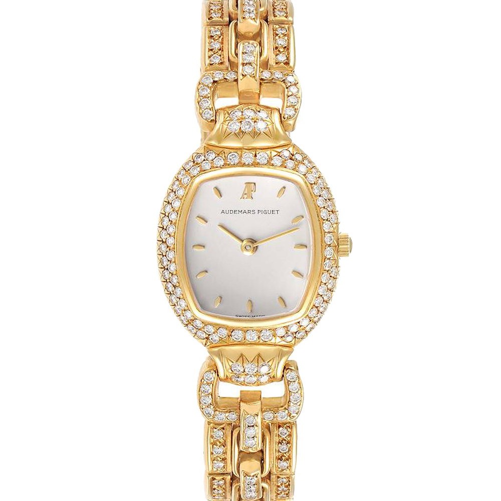 Audemars Piguet Silver Diamonds 18K Yellow Gold Audemarine 66474 Women's Wristwatch 23 x 35 MM