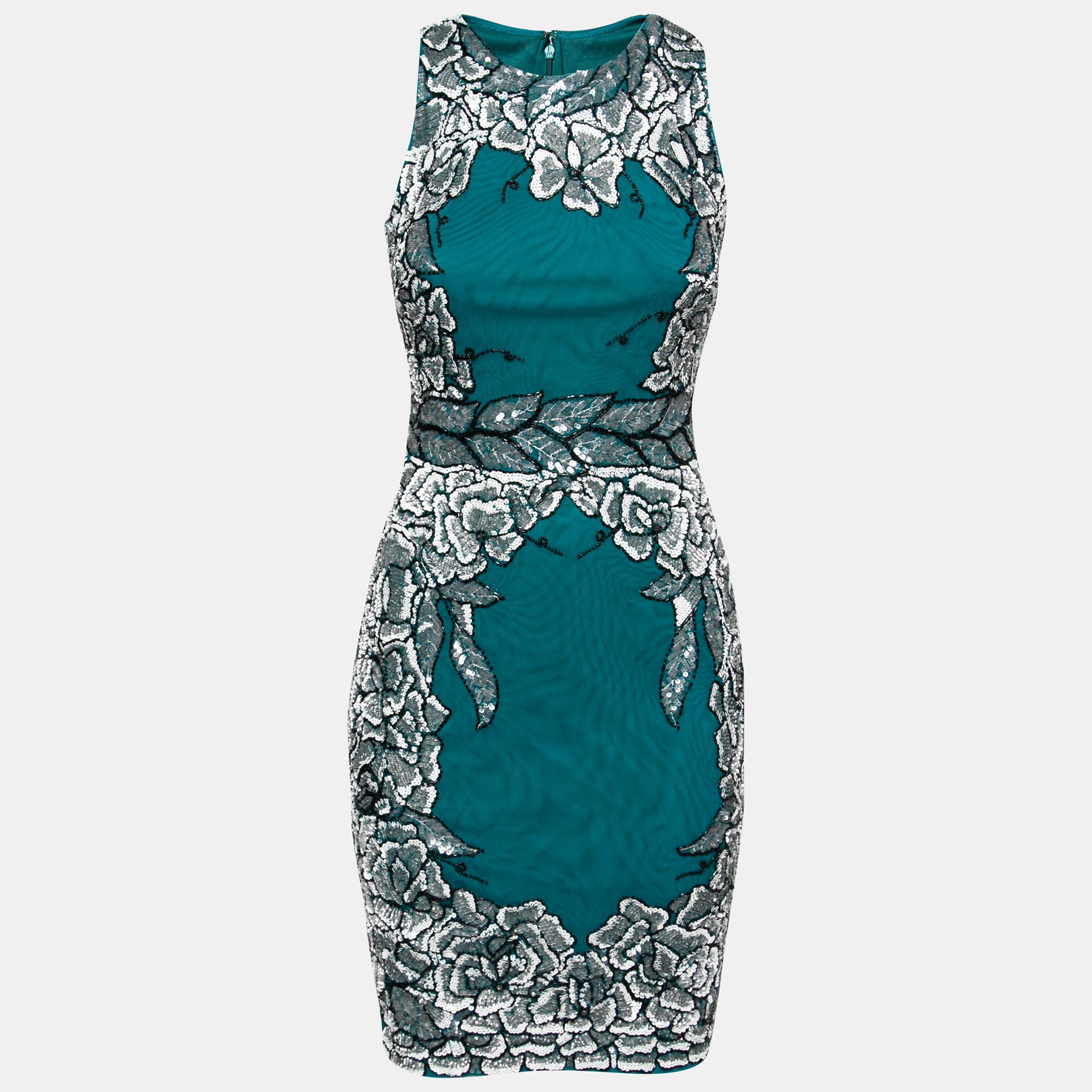 Badgley Mischka Collection Teal Green Floral Sequin Embellished Sleeveless Cocktail Dress XS