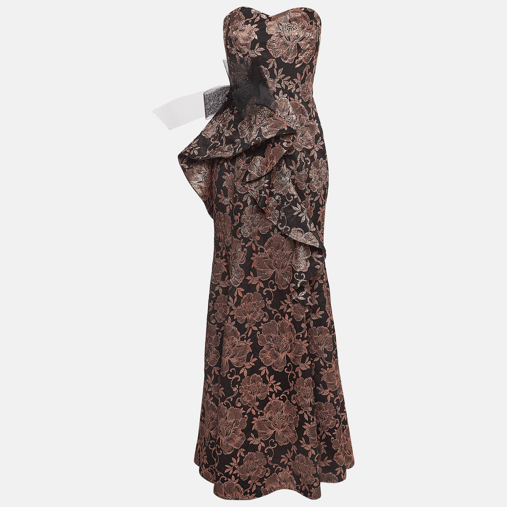 Badgley mischka couture black/metallic floral jacquard strapless gown m