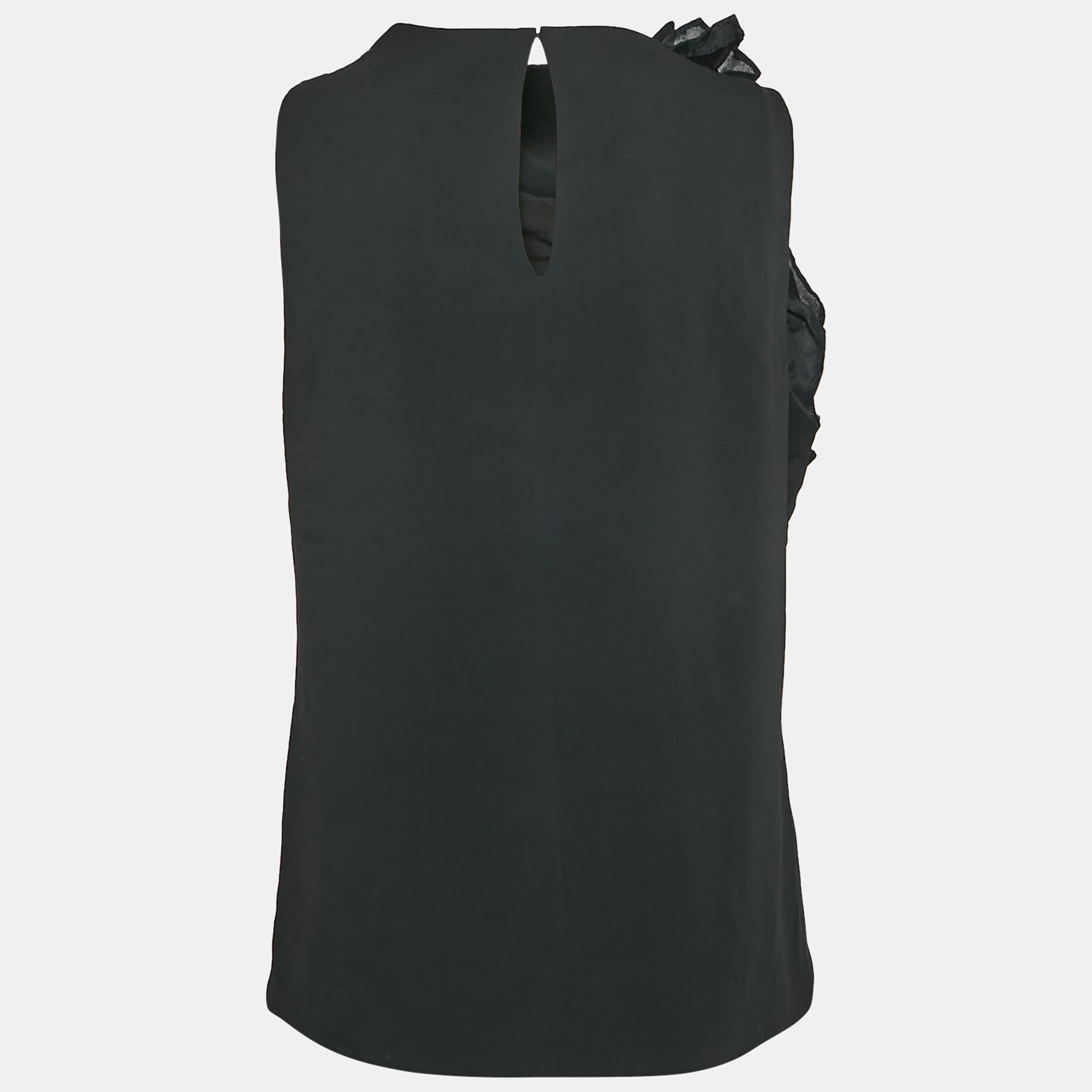 Badgley Mischka Black Crepe Ruffled Sleeveless Top L