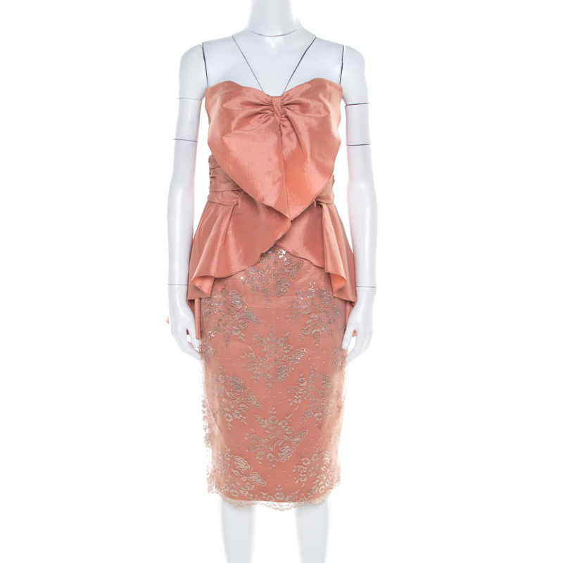 Badgley mischka collection copper metallic lace overlay strapless kimono dress l