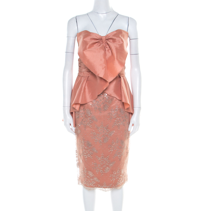 Badgley Mischka Collection Copper Metallic Lace Overlay Strapless Kimono Dress L