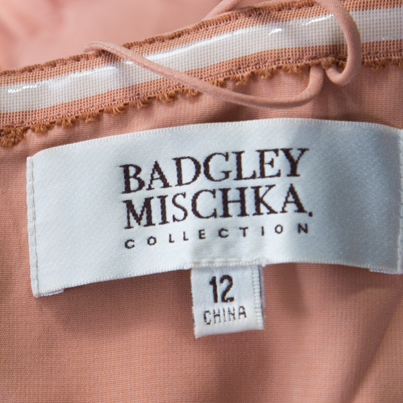 Badgley Mischka Collection Copper Metallic Lace Overlay Strapless Kimono Dress L