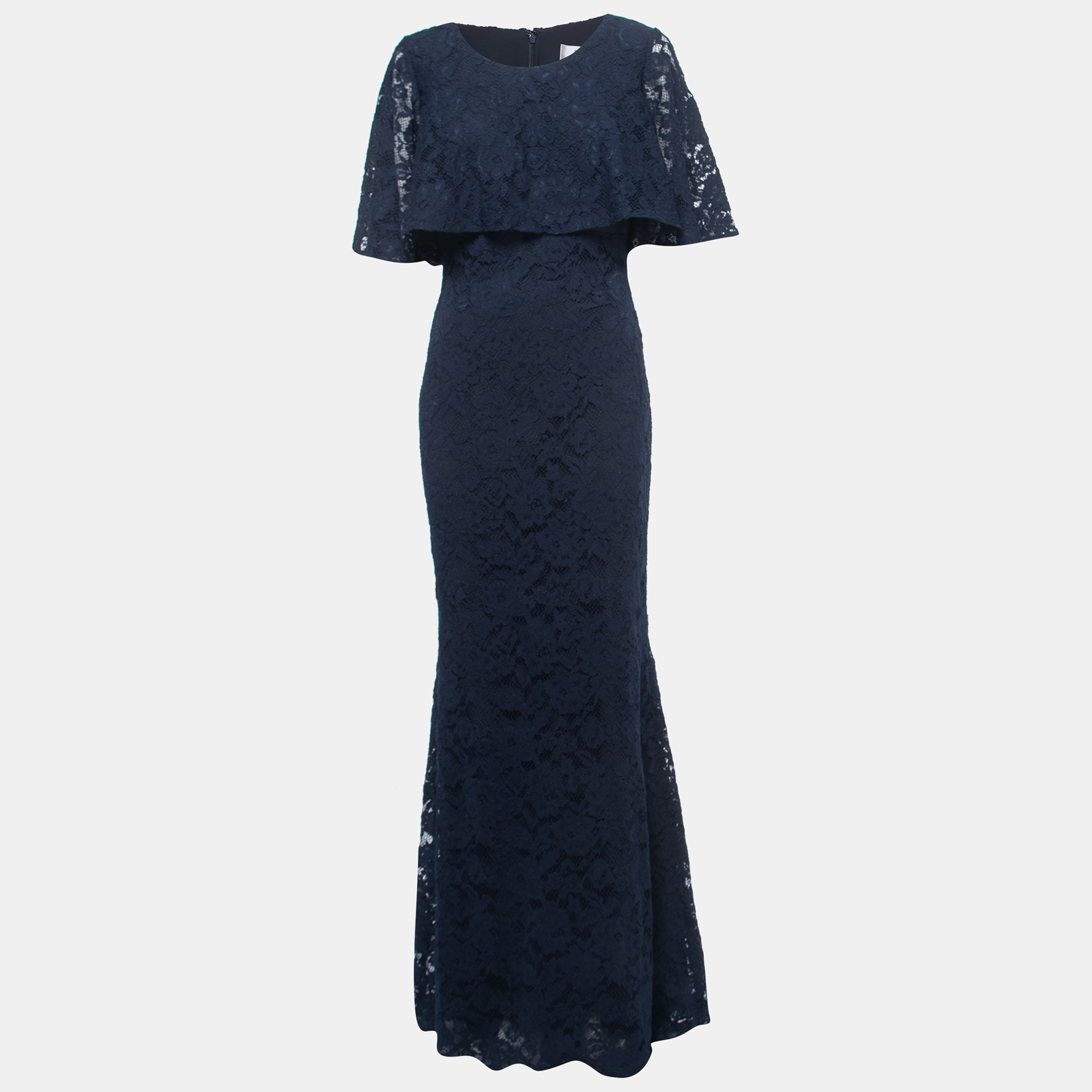 Badgley Mischka Navy Blue Lace Cape Gown M