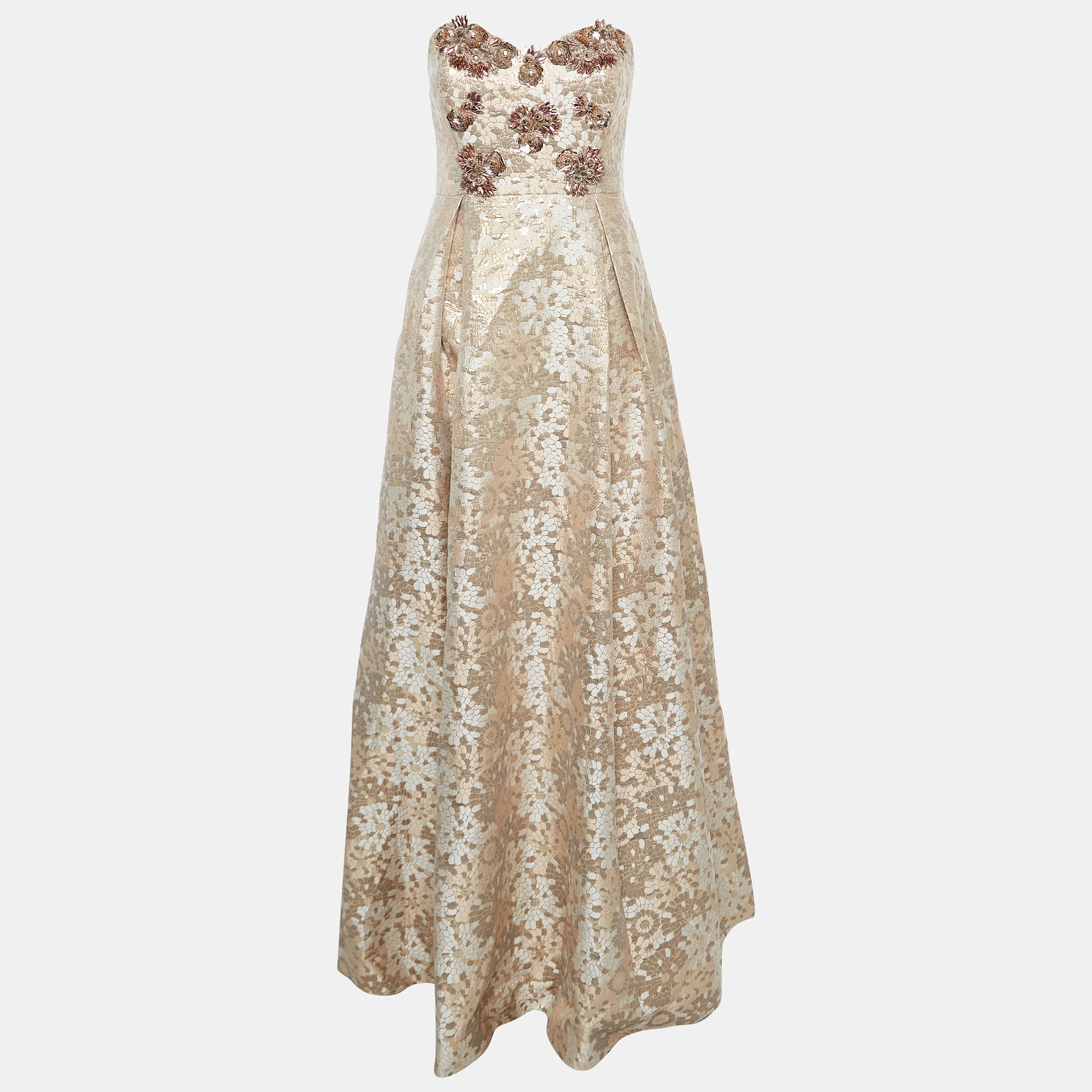 

Badgley Mischka Rose Gold Floral Motif Brocade Sequin Detail Strapless Gown