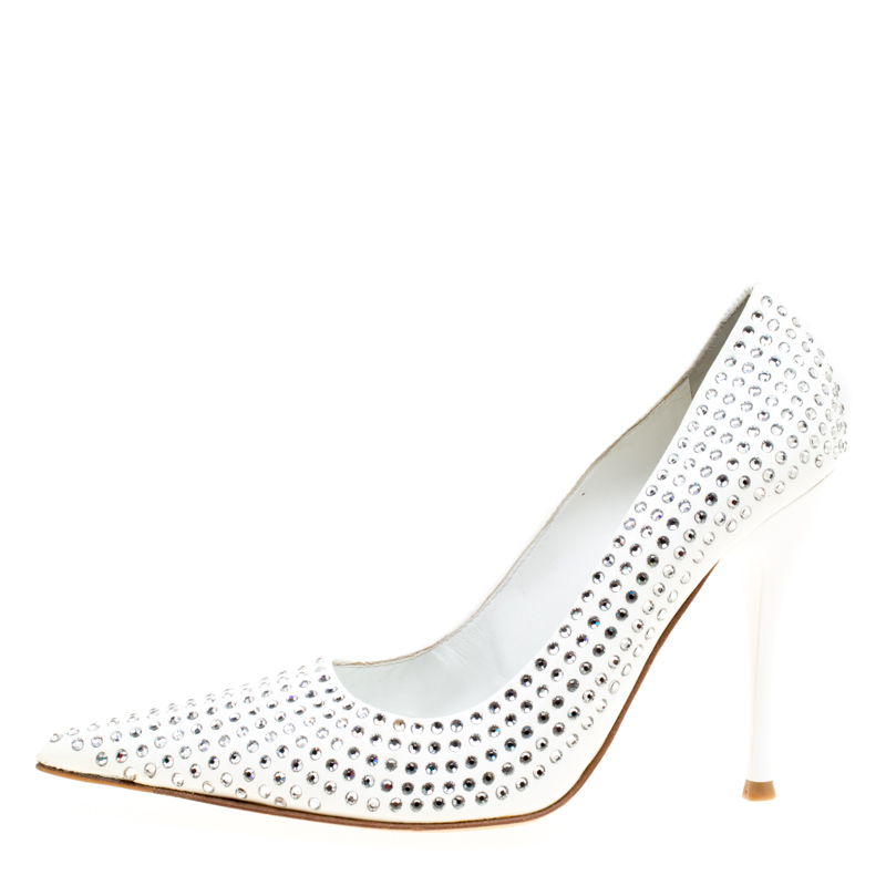 

Baldinini White Patent Leather Crystal Embellished Pointed Toe Pumps Size