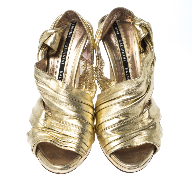 Baldinini Metallic Gold Leather Draped Peep Toe Sandals Size 38
