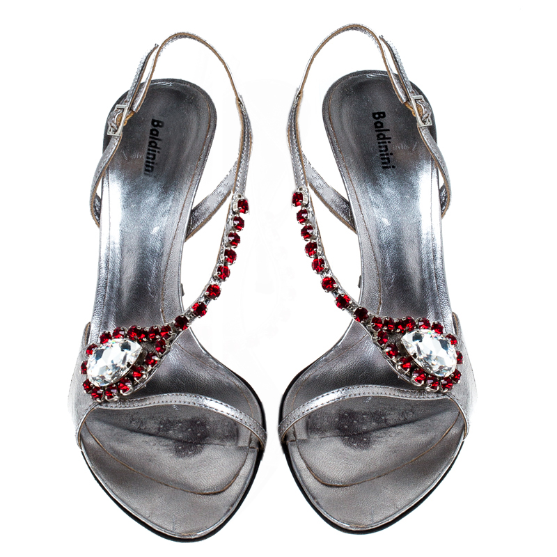 Baldinini Metallic Silver Leather Crystal Embellised Ankle Sandals Size 37
