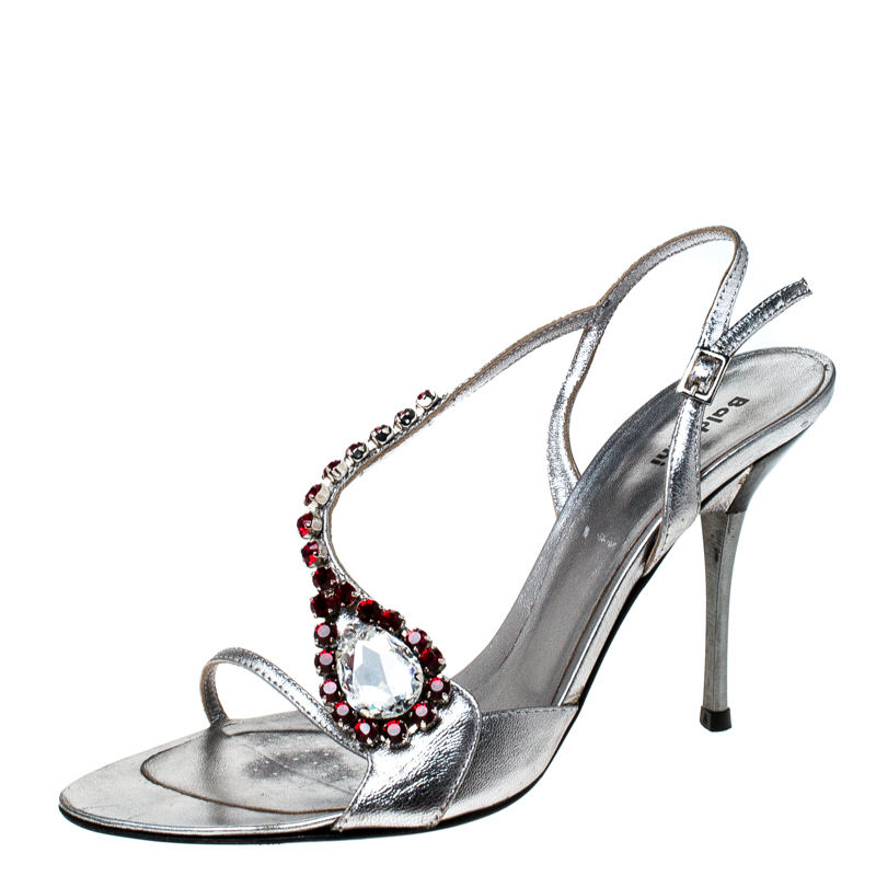 Baldinini Metallic Silver Leather Crystal Embellised Ankle Sandals Size 37