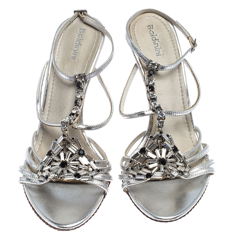 Baldinini Metallic Silver Leather Crystal Embellised Ankle Sandals Size 39