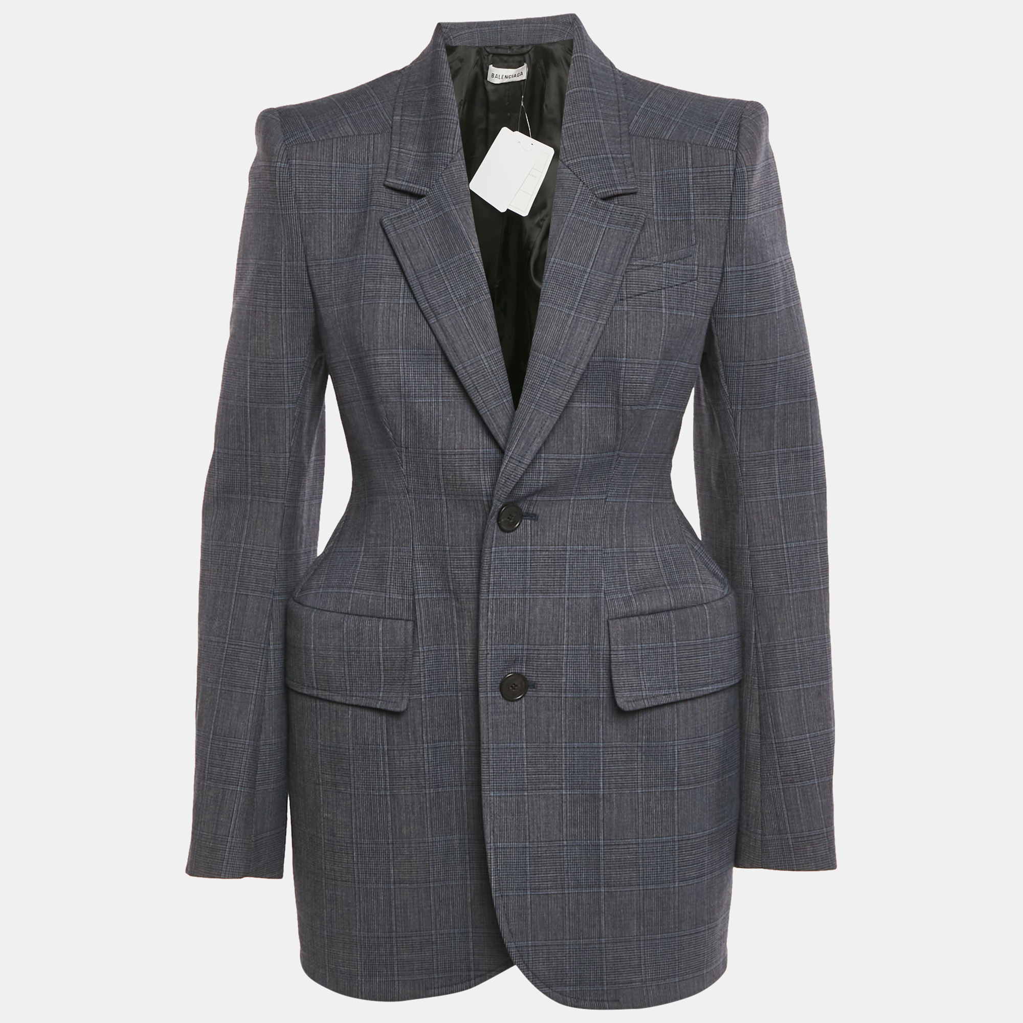 Balenciaga Blue Prince Of Wales Hourglass Structured Blazer S 
Balenciaga Blue Prince Of Wales Hourglass Structured Blazer S