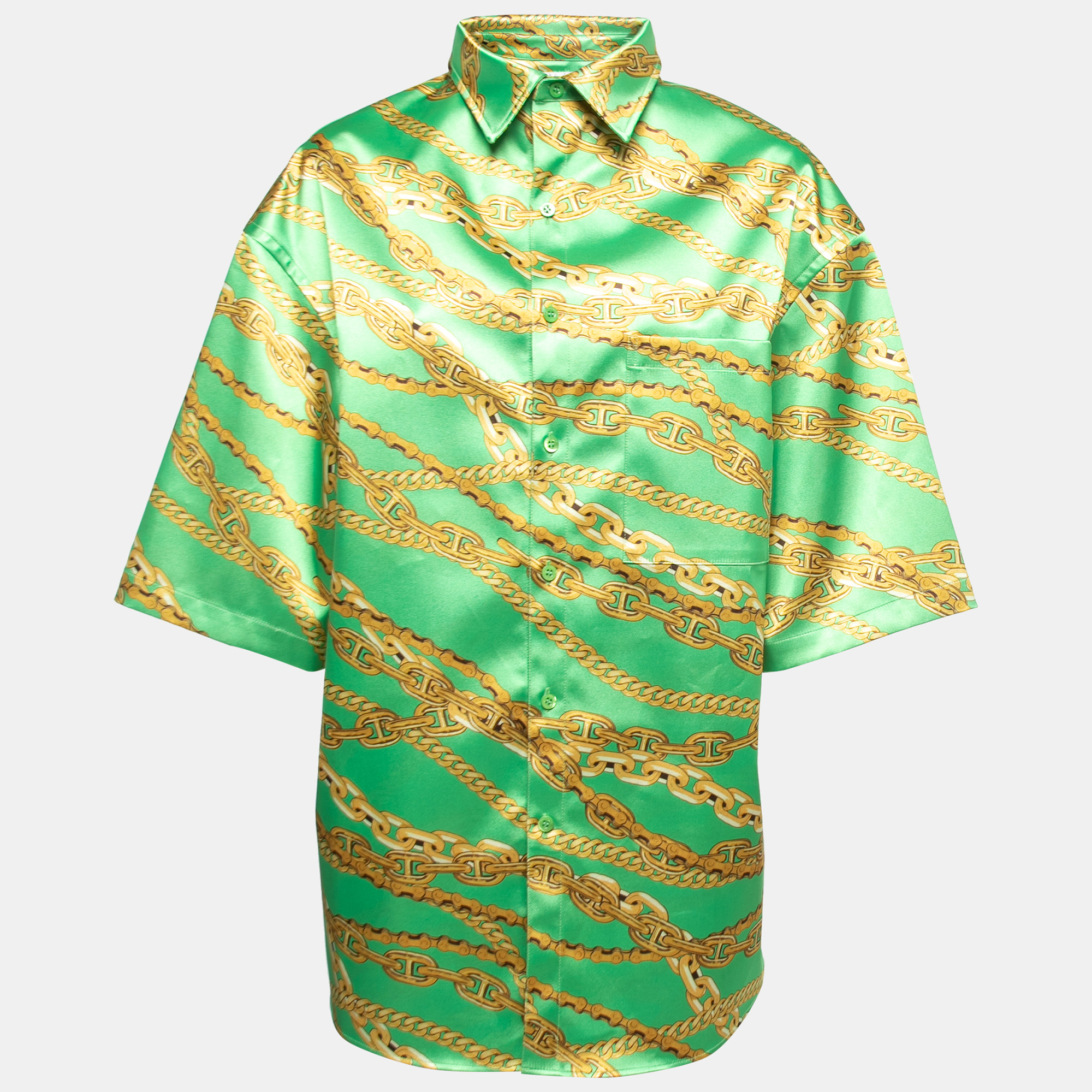 Balenciaga Green Chain Printed Satin Oversized Shirt S