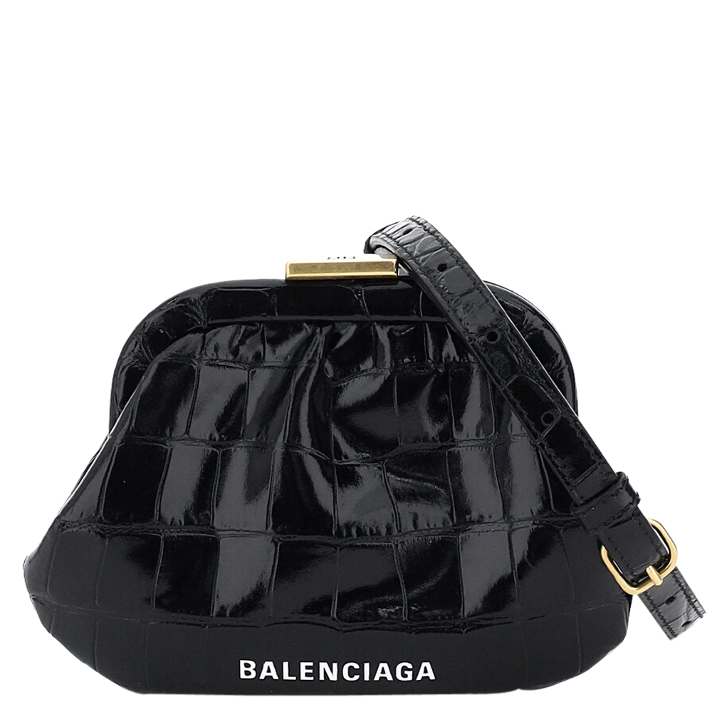 Image of Balenciaga Black Croc Embossed Leather Cloud Coin Purse Clutch Bag
