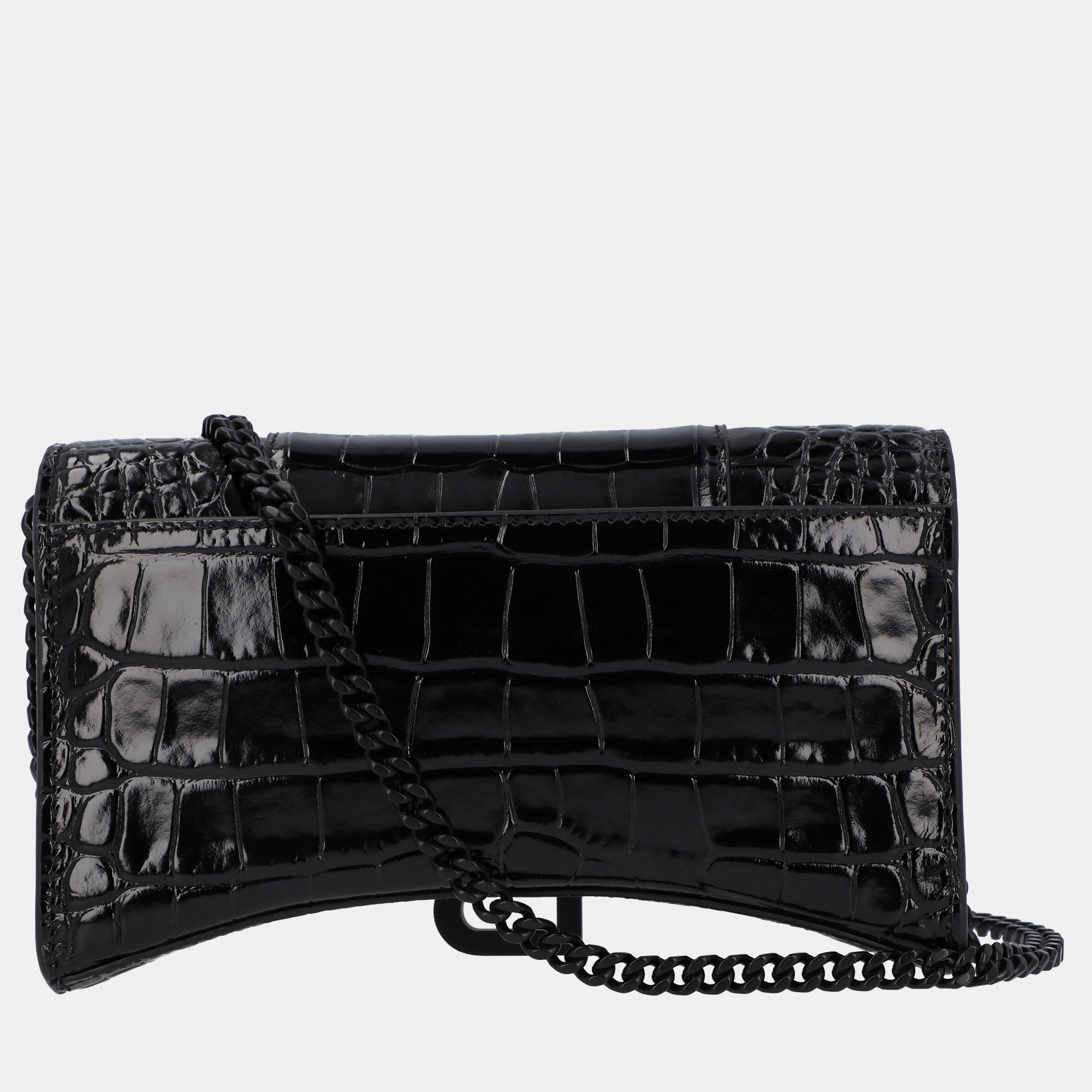 Balenciaga Black Croc Embossed Leather Hourglass Wallet On Chain