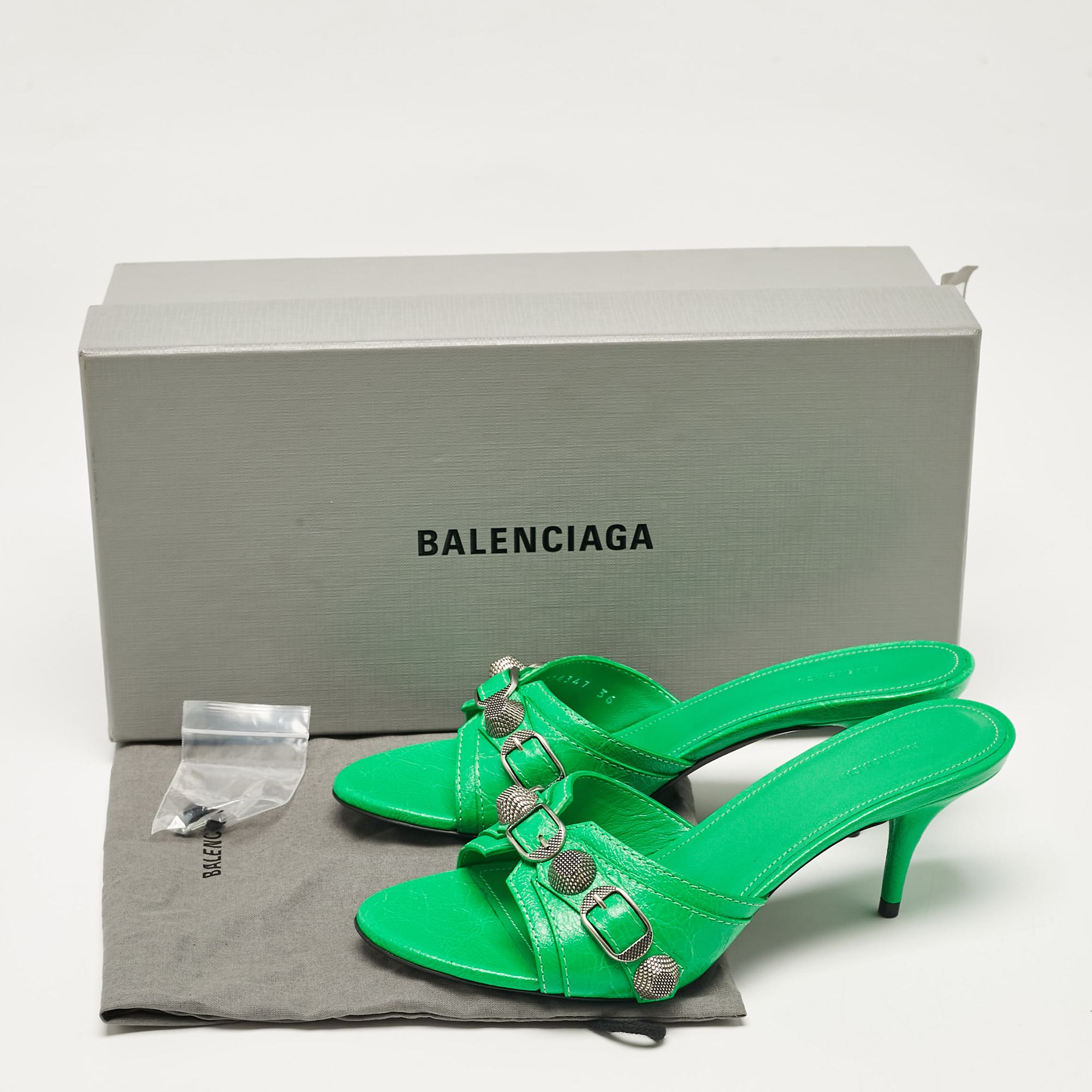 Balenciaga Green Leather Le Cagole Studded Slide Sandals Size 36