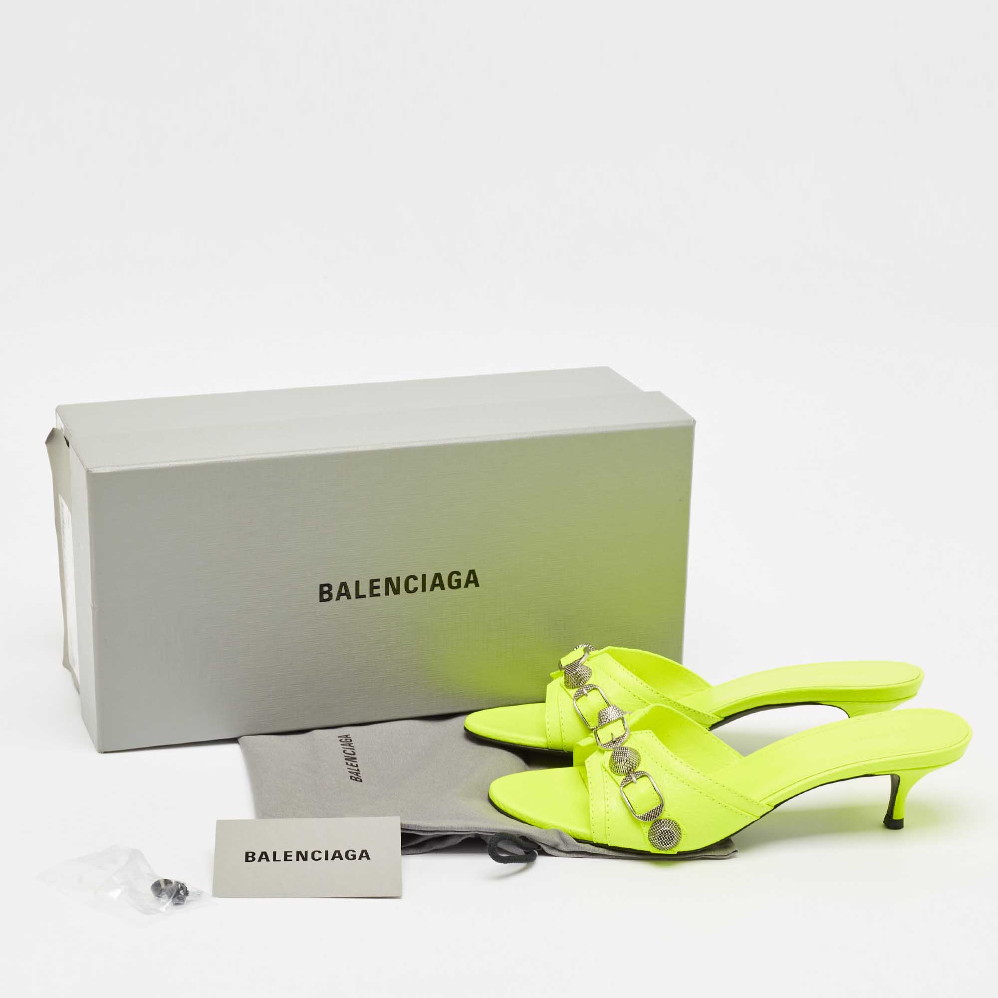 Balenciaga Neon Yellow Leather Le Cagole Studded Slide Sandals Size 37