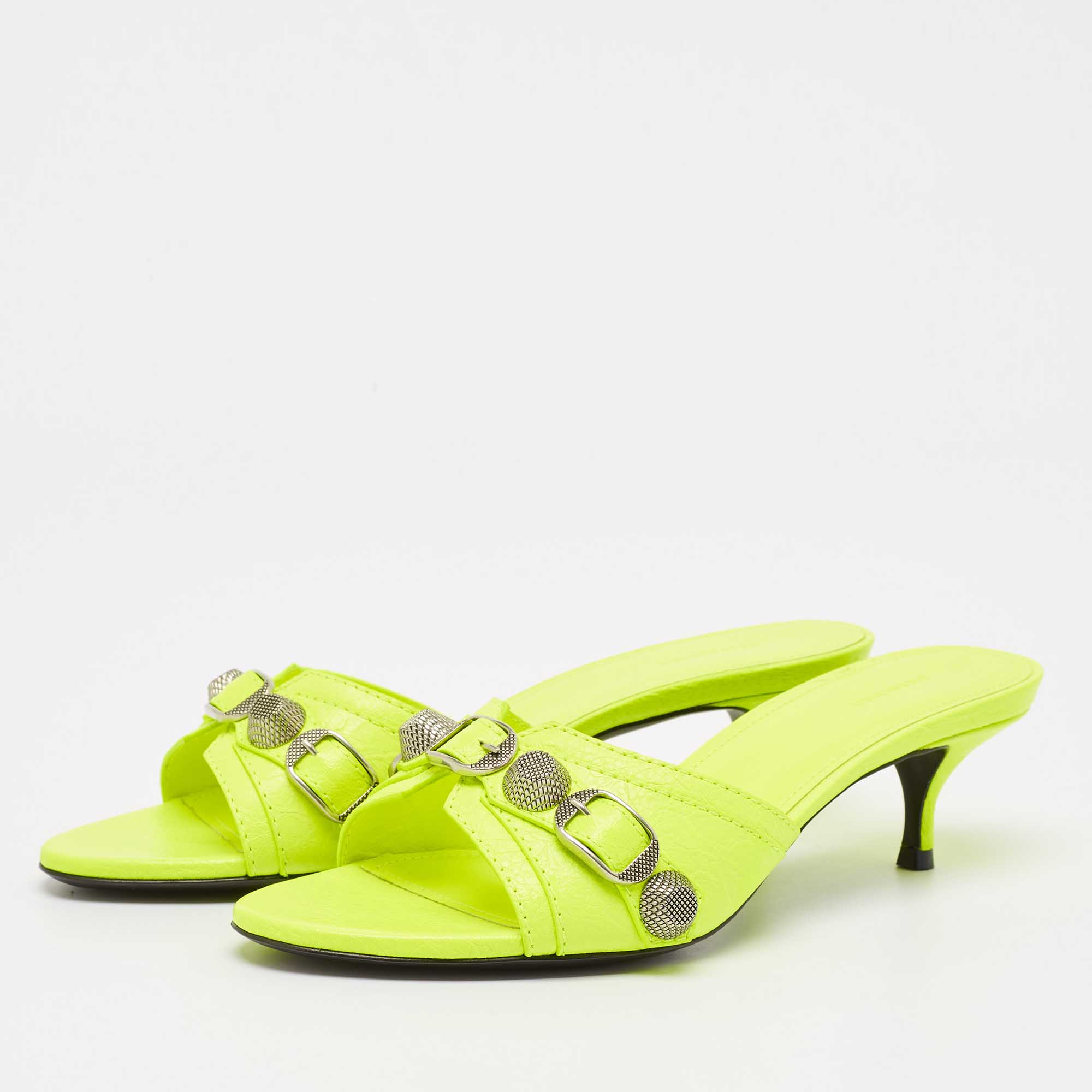 Balenciaga Neon Yellow Leather Le Cagole Studded Slide Sandals Size 37