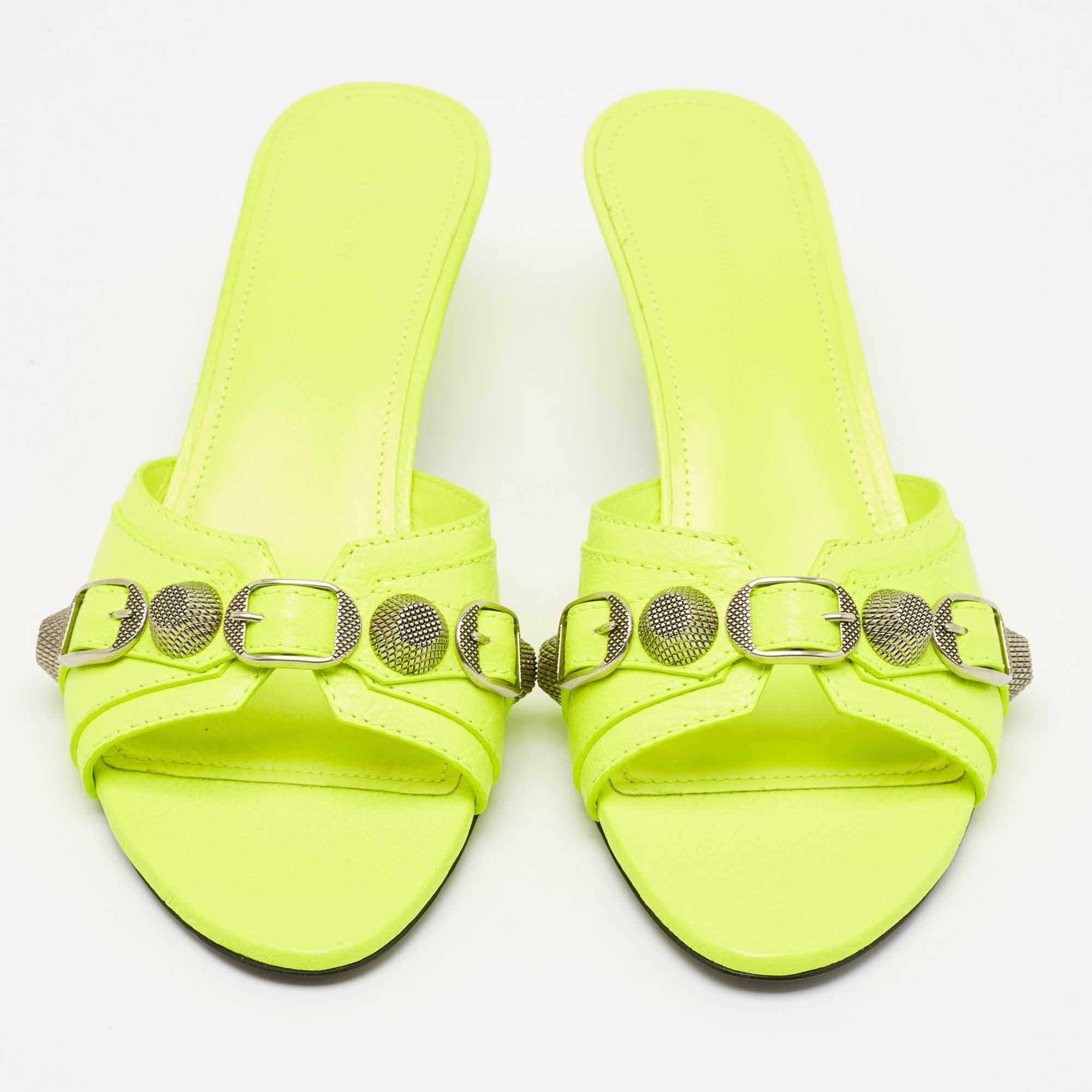 Balenciaga Neon Yellow Leather Le Cagole Studded Slide Sandals Size 37