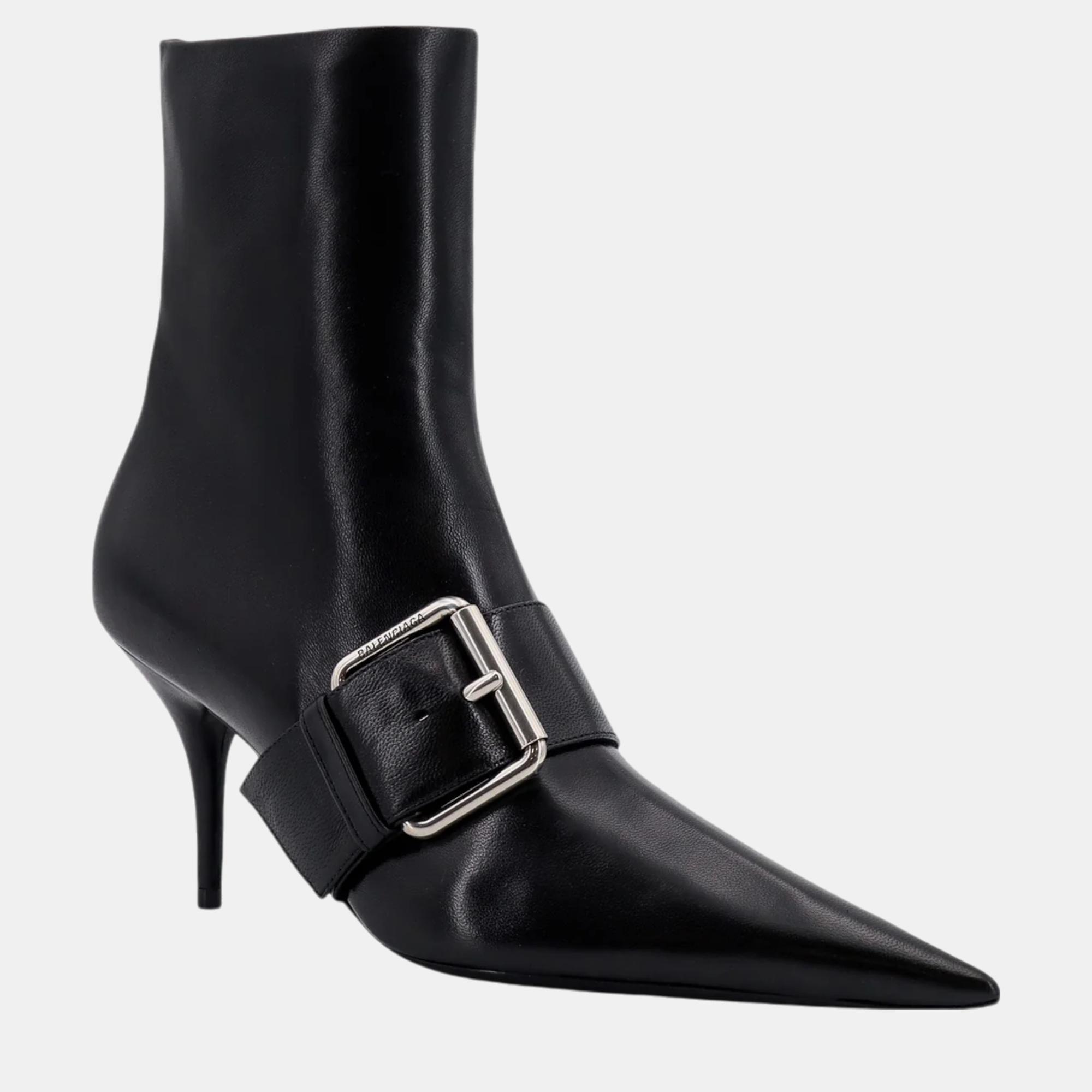 Balenciaga Black Leather Ankle Buckle Boots EU 40