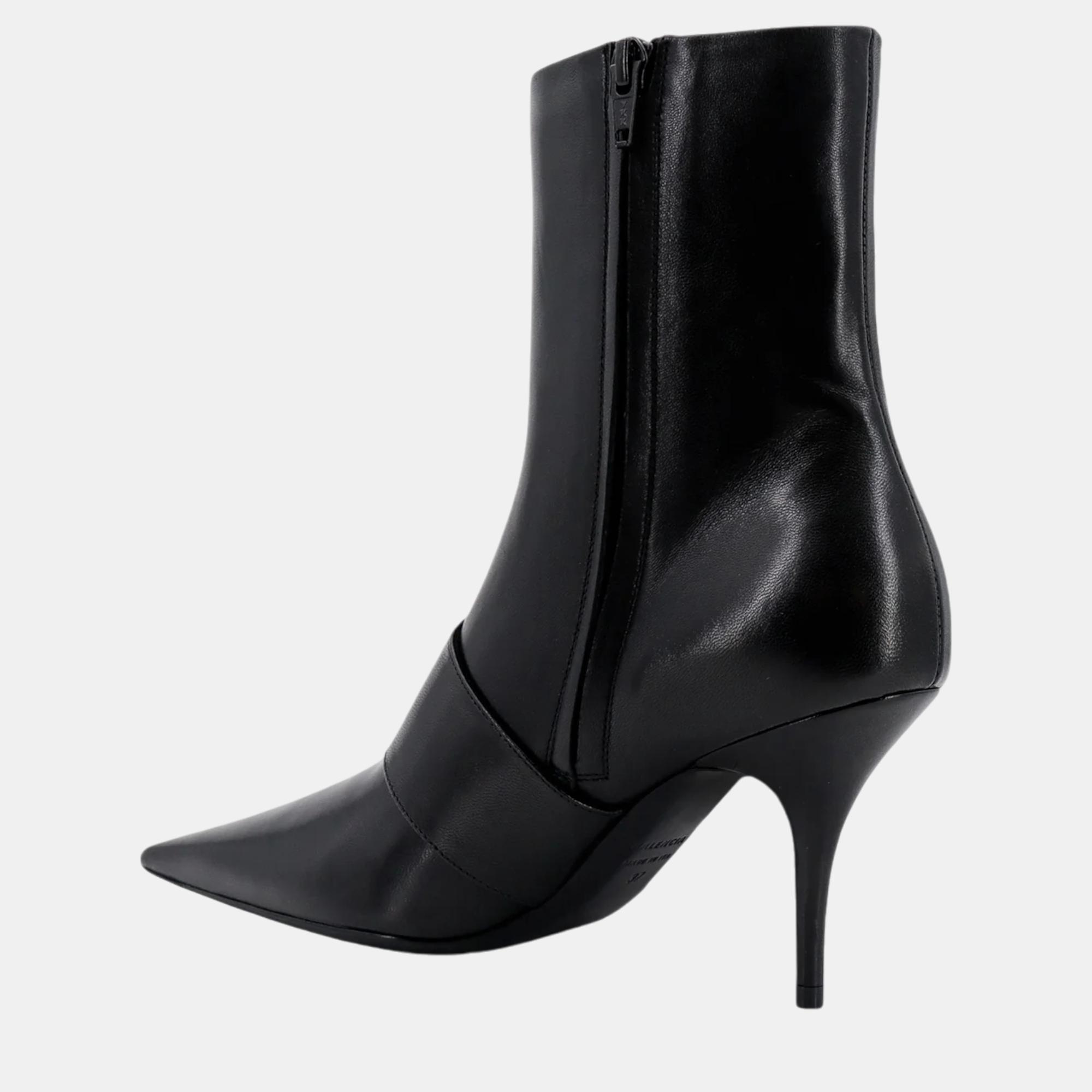 Balenciaga Black Leather Ankle Buckle Boots EU 40