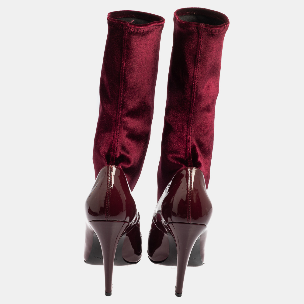 Balenciaga Burgundy Velvet And Patent Leather Knife Mid Calf Boots Size 39