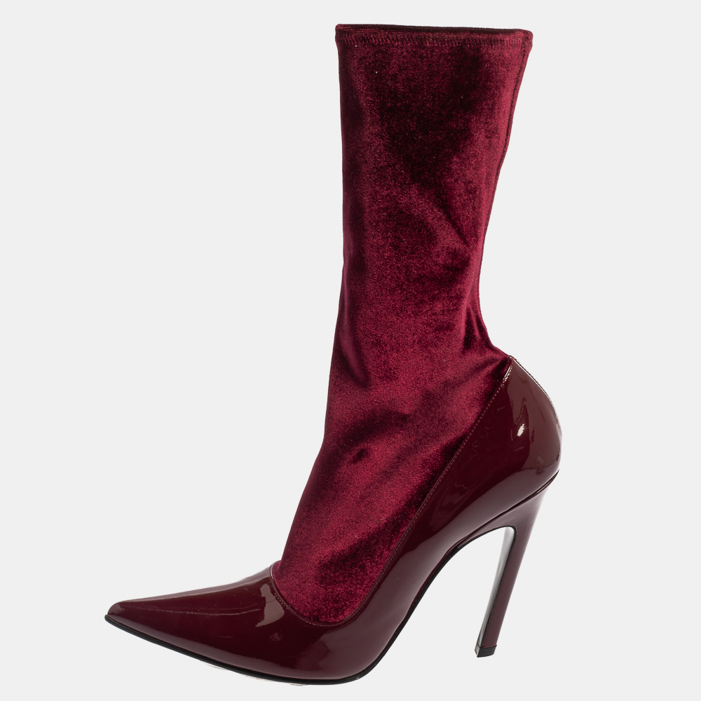 Balenciaga Burgundy Velvet And Patent Leather Knife Mid Calf Boots Size 39