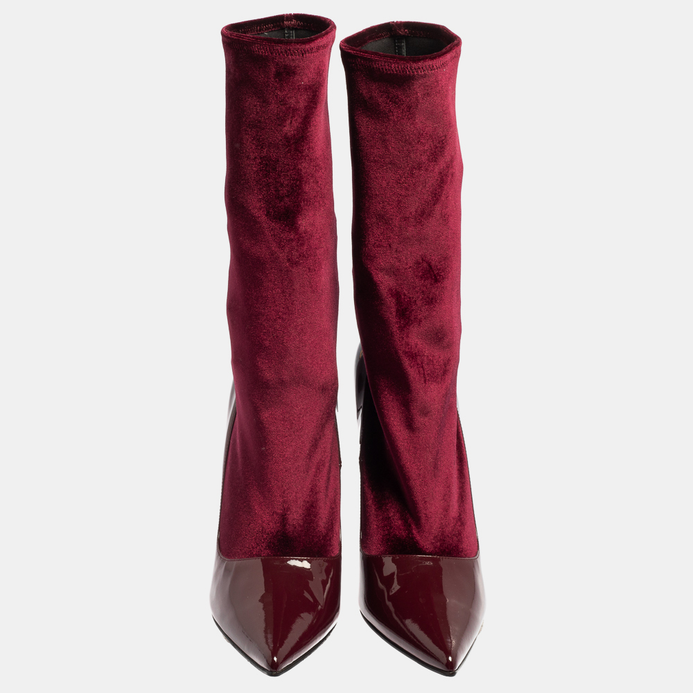 Balenciaga Burgundy Velvet And Patent Leather Knife Mid Calf Boots Size 39