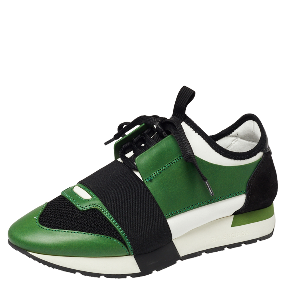 Balenciaga Green/Black Leather And Mesh Race Runner Low Top Sneakers Size 38