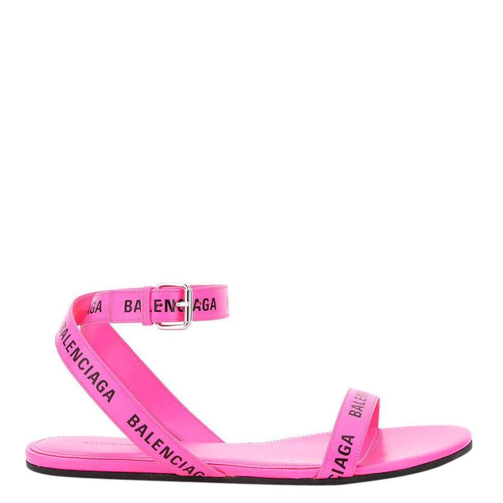 Balenciaga Pink Leather All Over Logo Round Flat Sandals Size IT 36