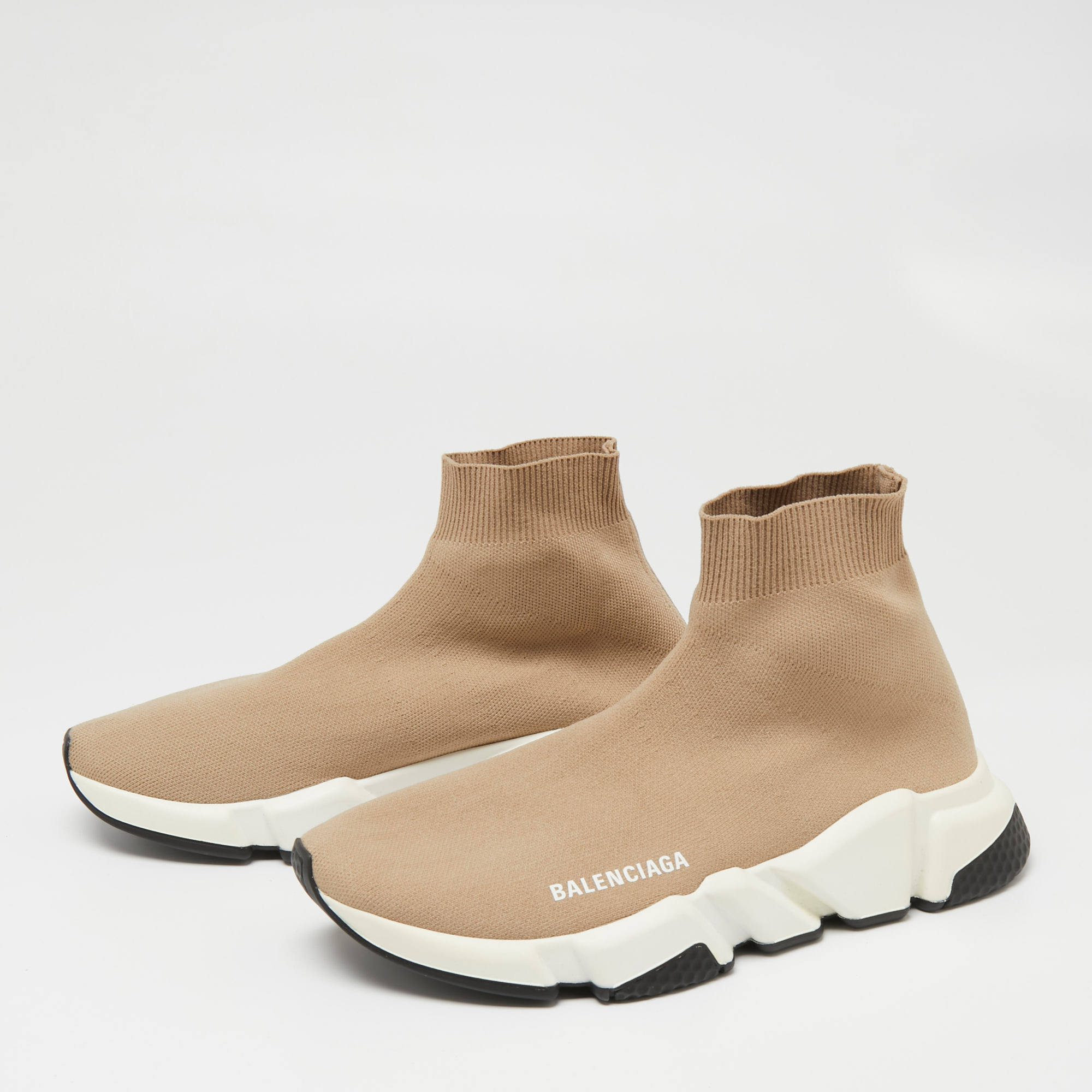 Balenciaga Light Brown Knit Fabric Speed Trainer Sneakers Size 39