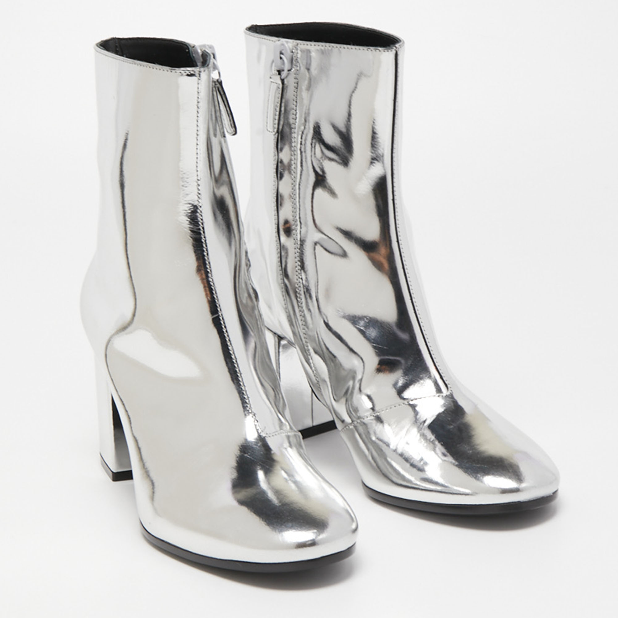 Balenciaga Silver Foil Leather Block Heel Ankle Boots Size 36