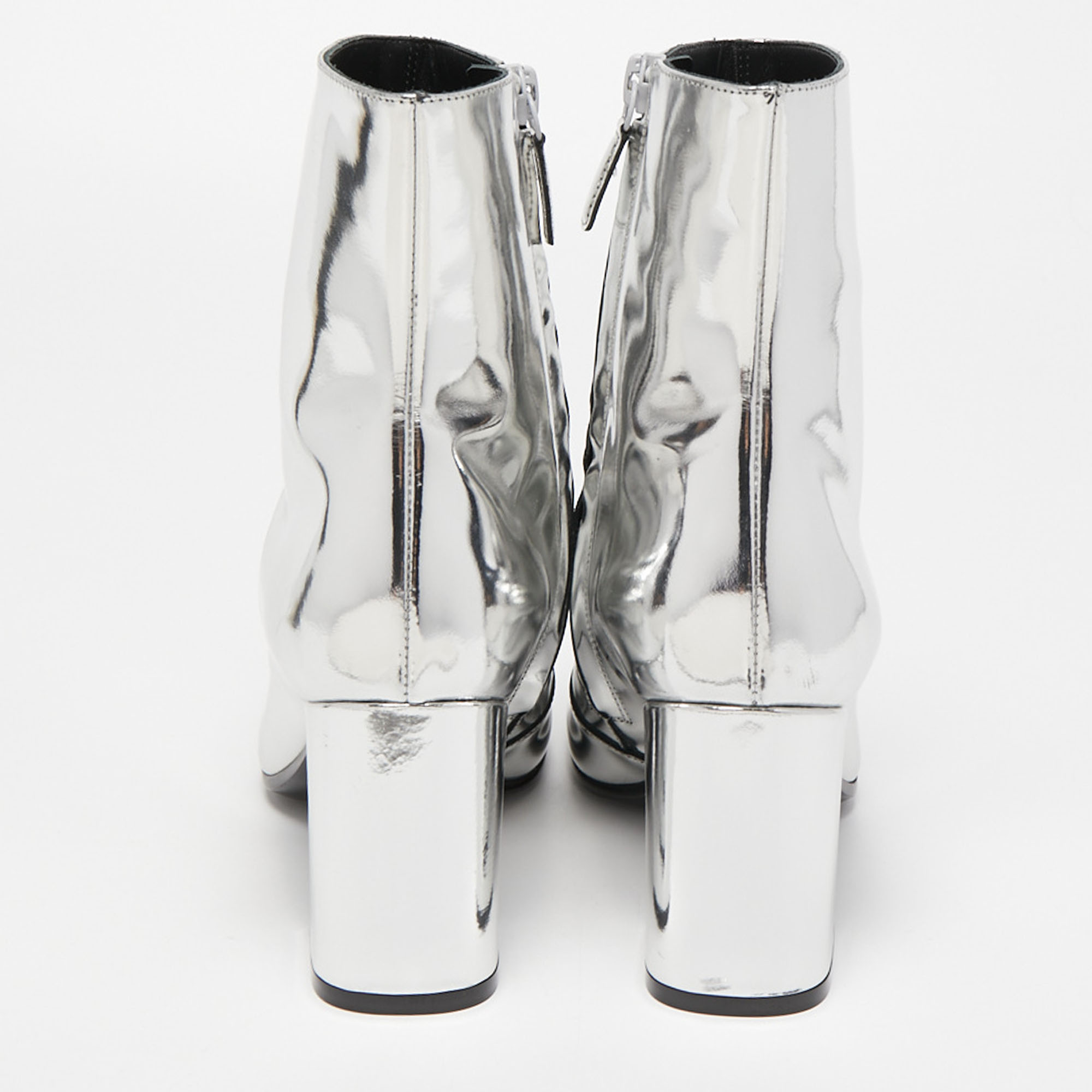 Balenciaga Silver Foil Leather Block Heel Ankle Boots Size 36