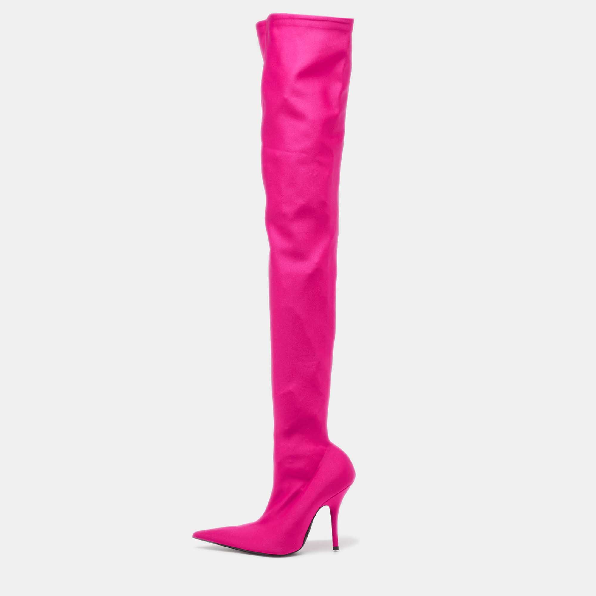 Balenciaga pink satin knife over the knee  boots size 37