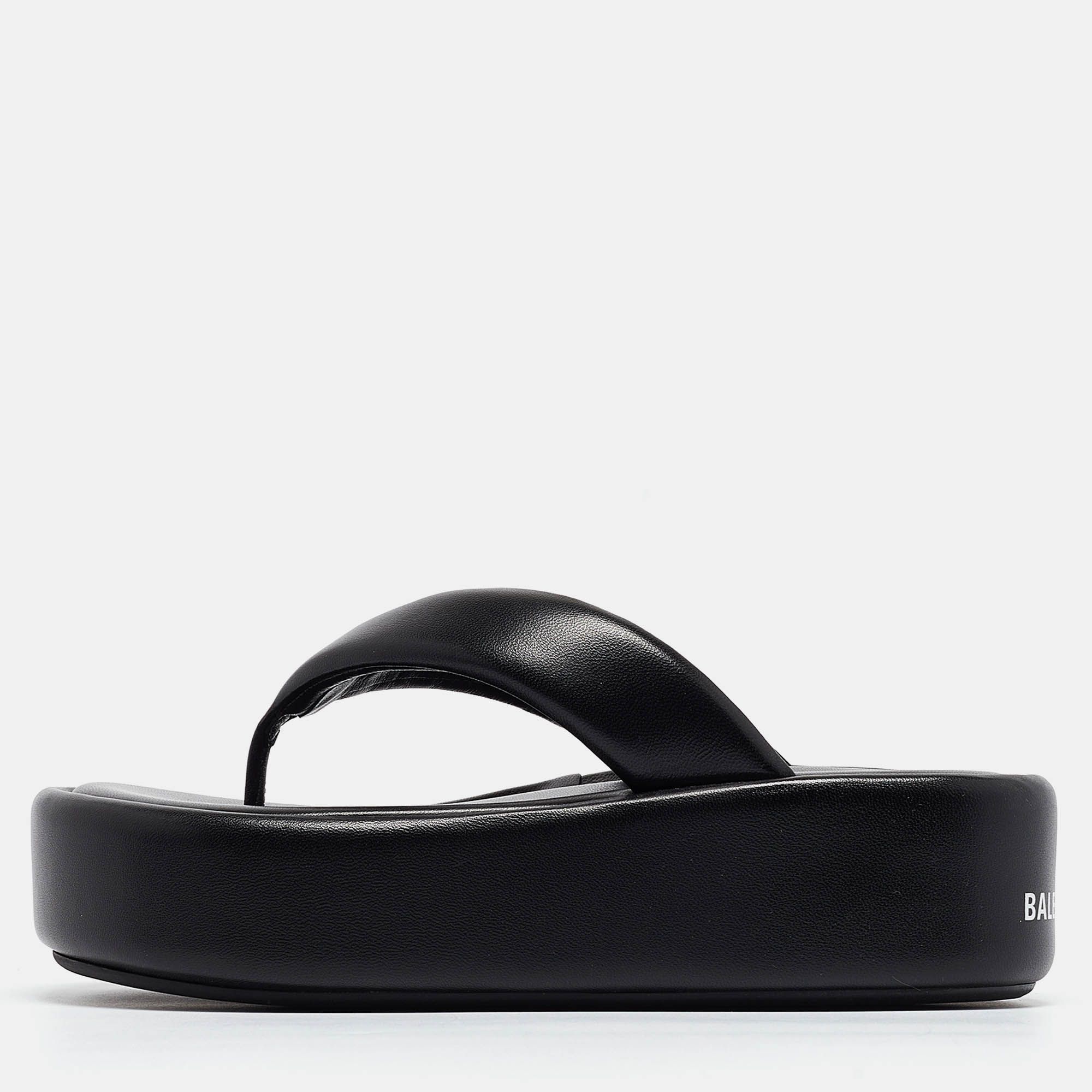 Balenciaga black leather platform thong sandals size 35
