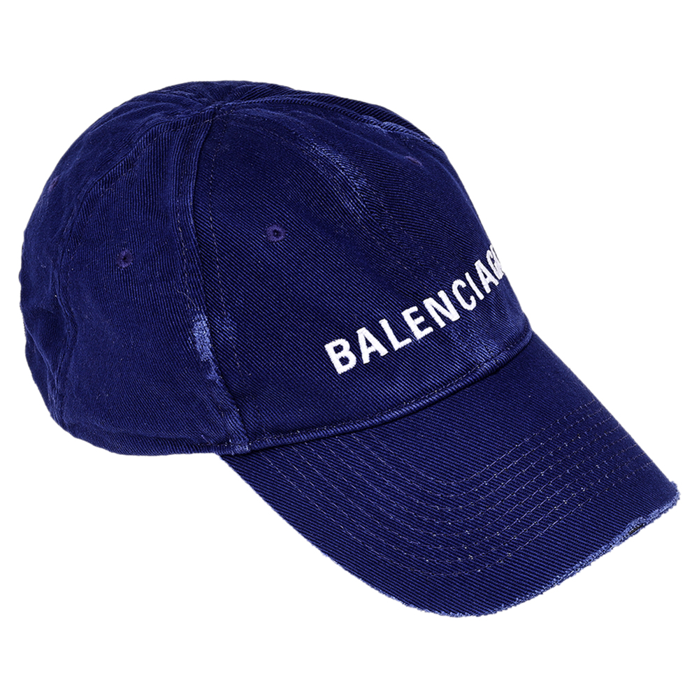 Balenciaga Blue Cotton Logo Embroidered Distressed Baseball Cap L