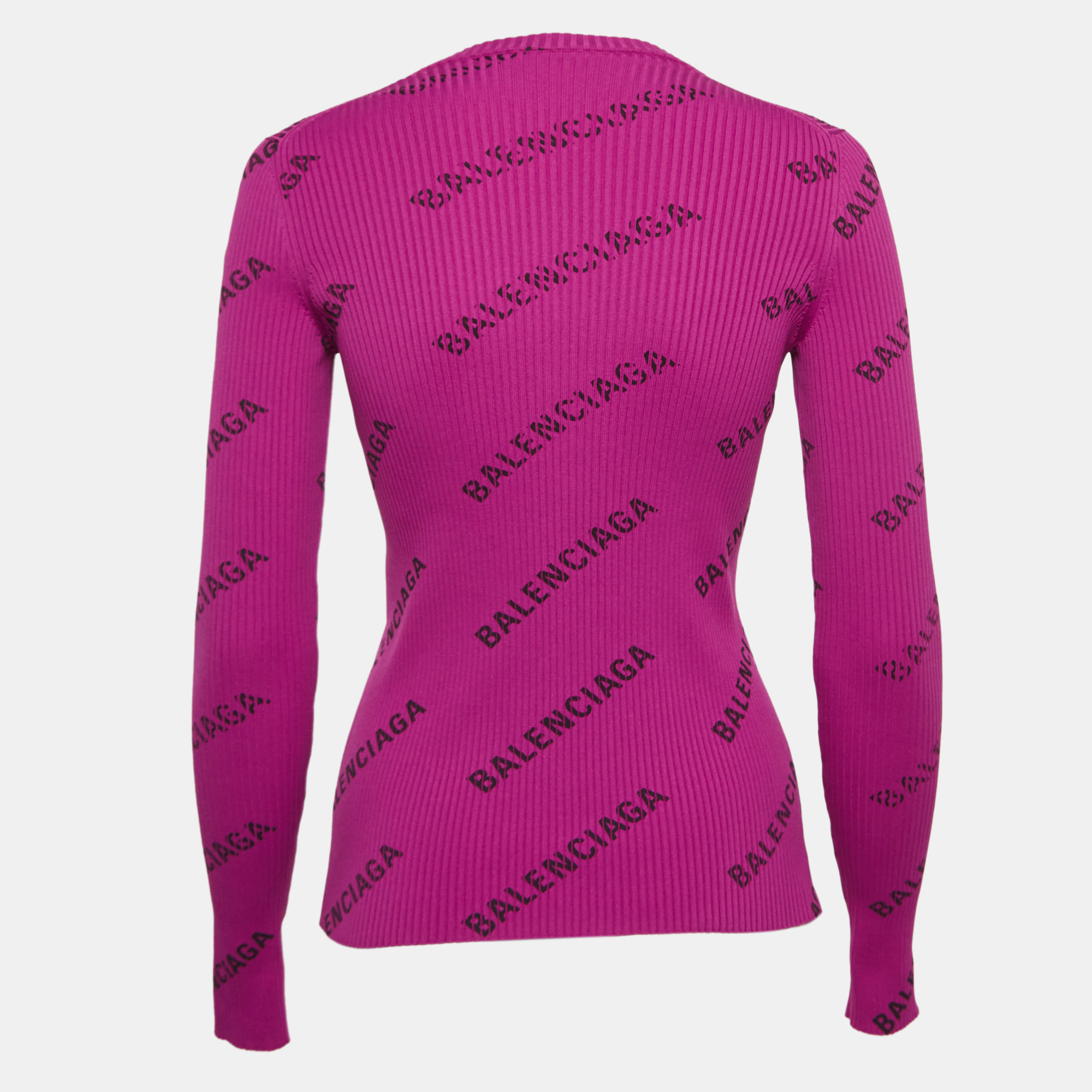 Balenciaga Purple Logo Print Rib Knit Full Sleeve T-Shirt S