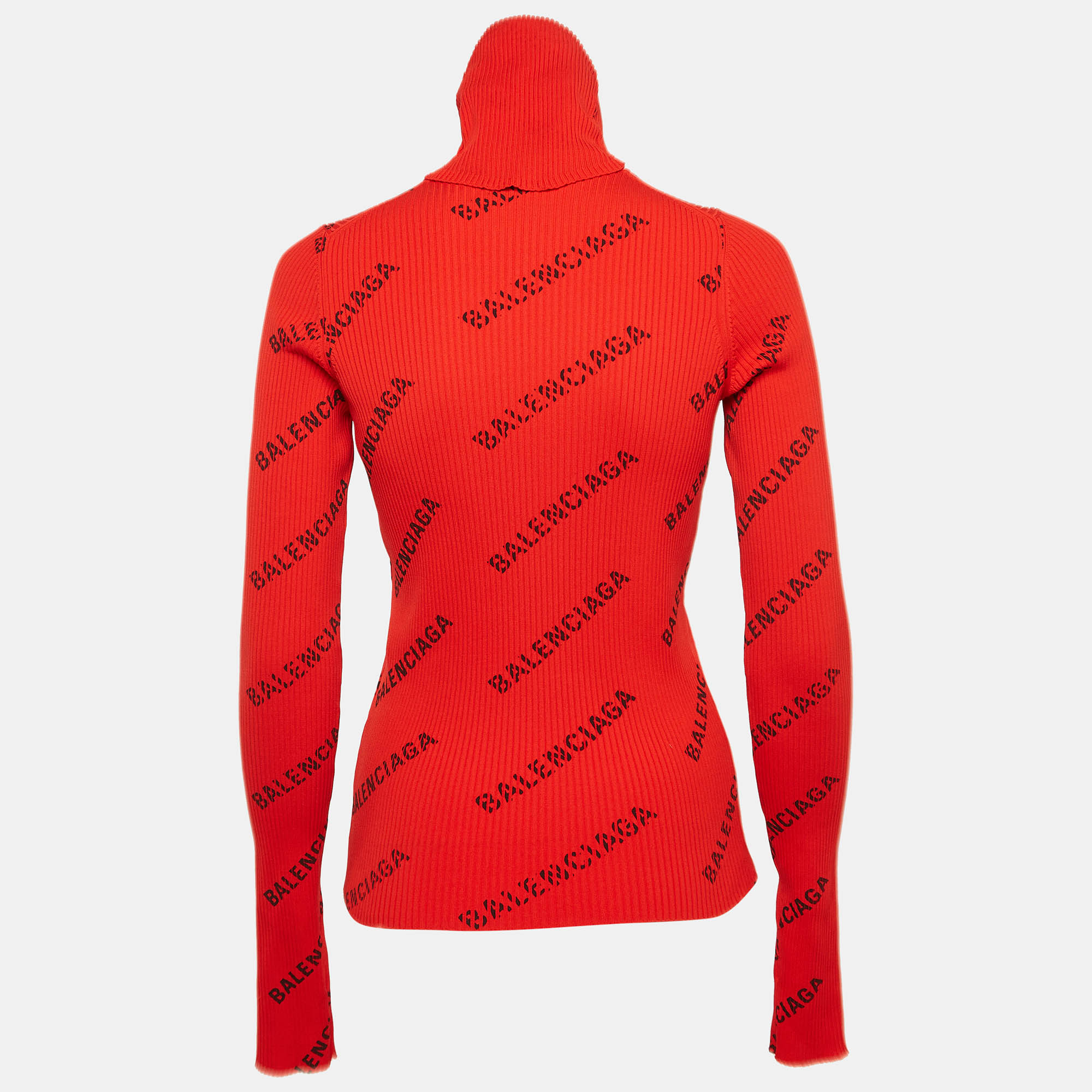 Balenciaga Red Logo Print Rib Knit Turtleneck Sweater M