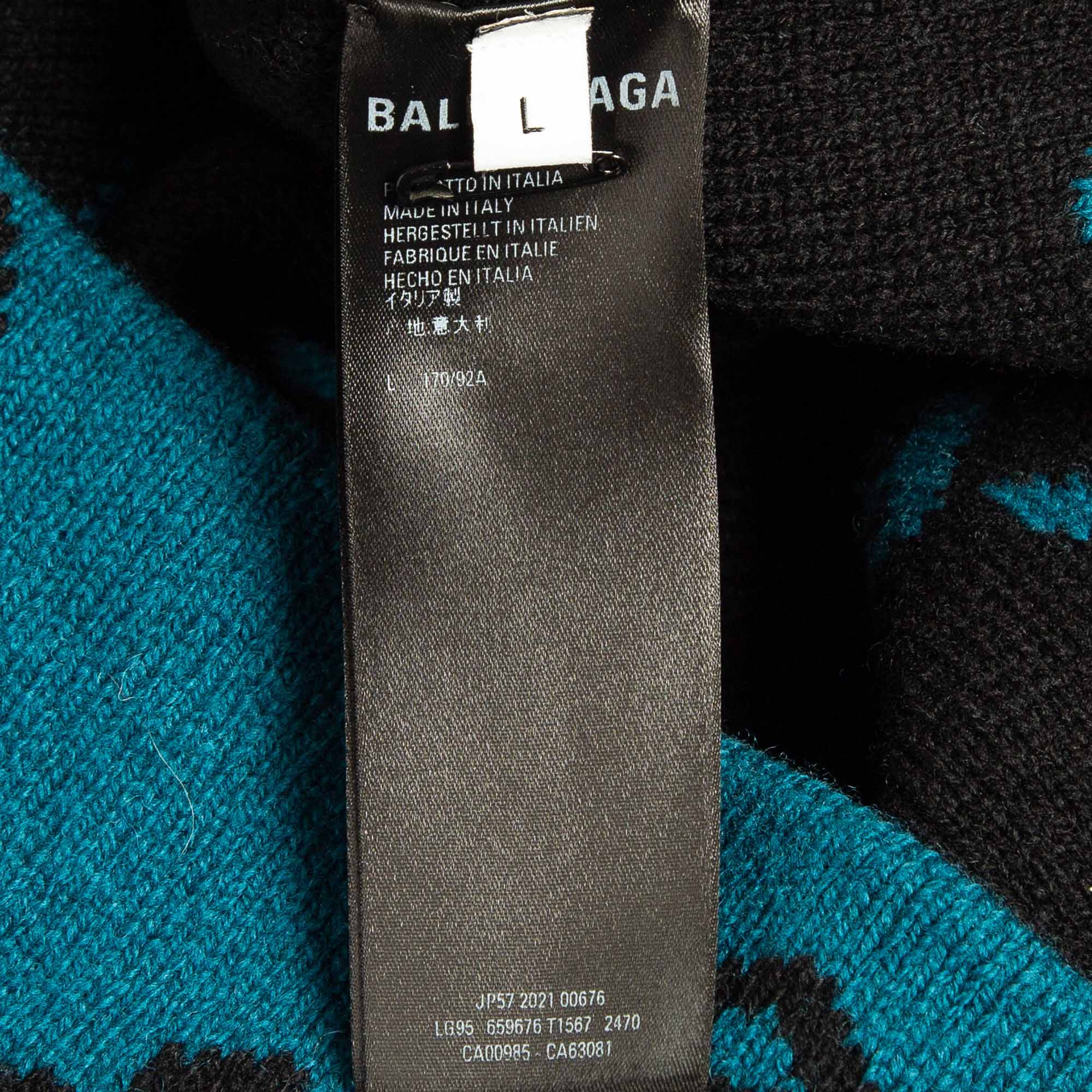 Balenciaga Blue Monogram Jacquard Wool Knit Long Archetype Cardigan L