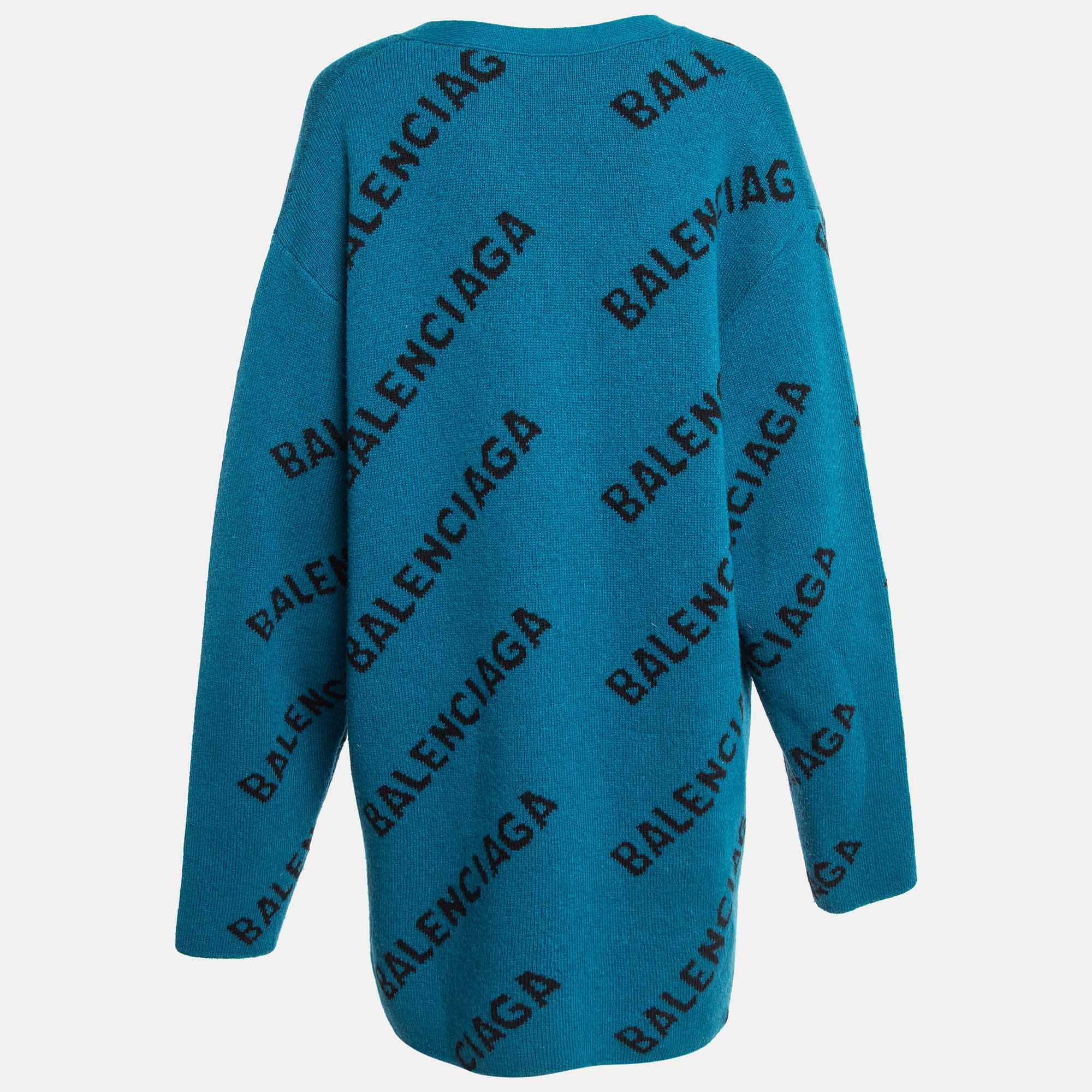 Balenciaga Blue Monogram Jacquard Wool Knit Long Archetype Cardigan L