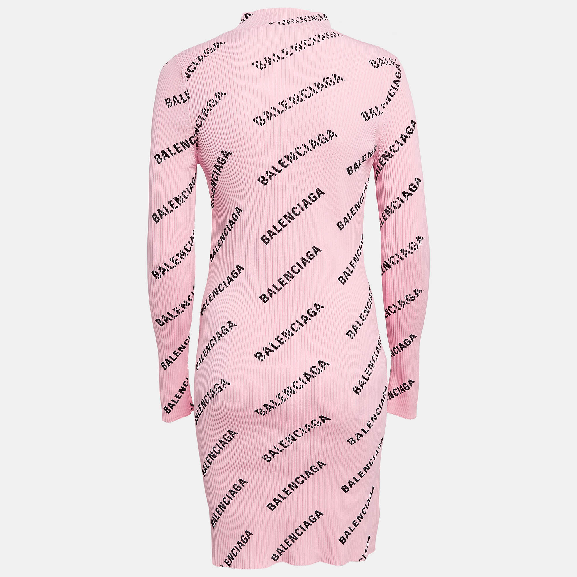 Balenciaga Pink Logo Print Rib Knit Bodycon Dress M