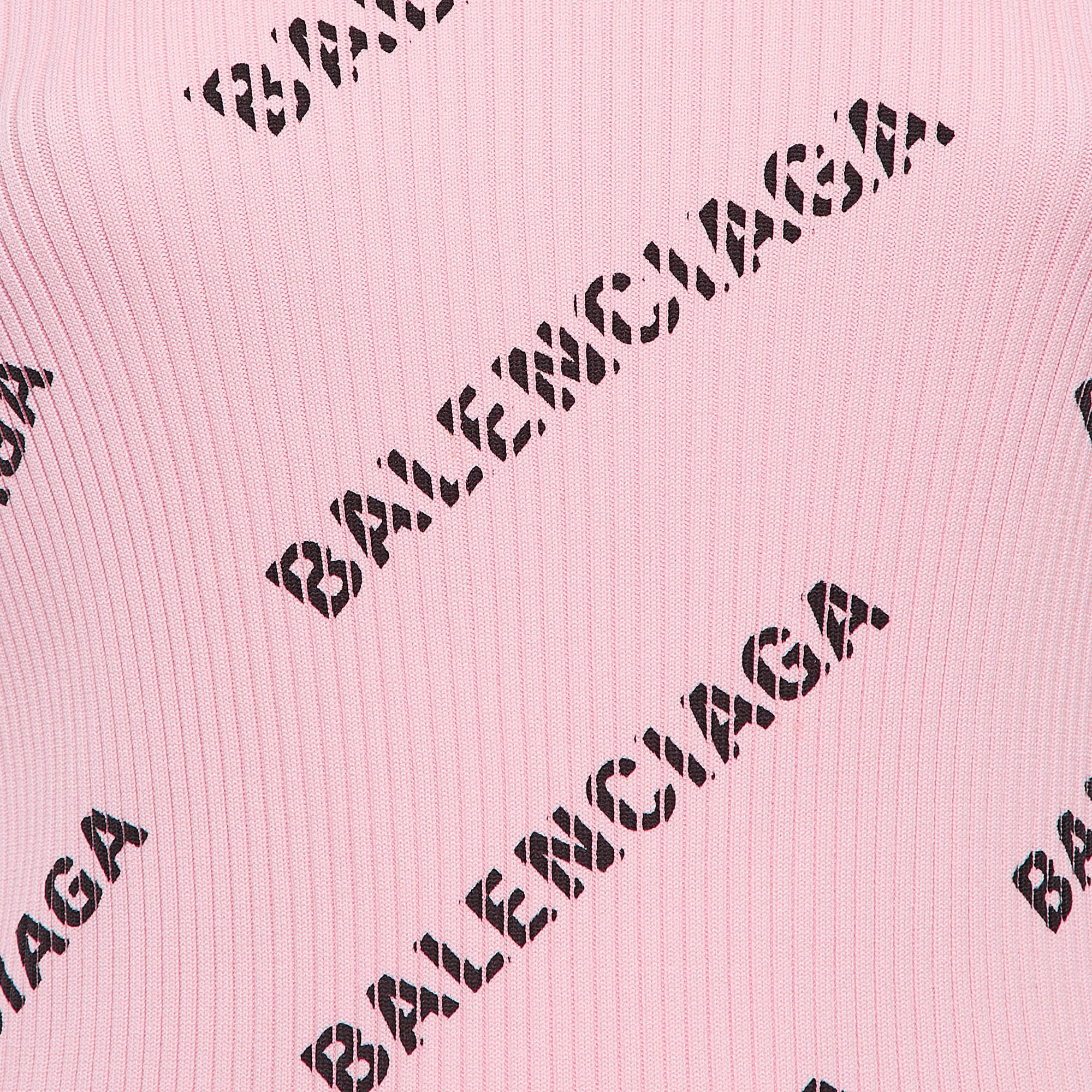 Balenciaga Pink Logo Print Rib Knit Bodycon Dress M