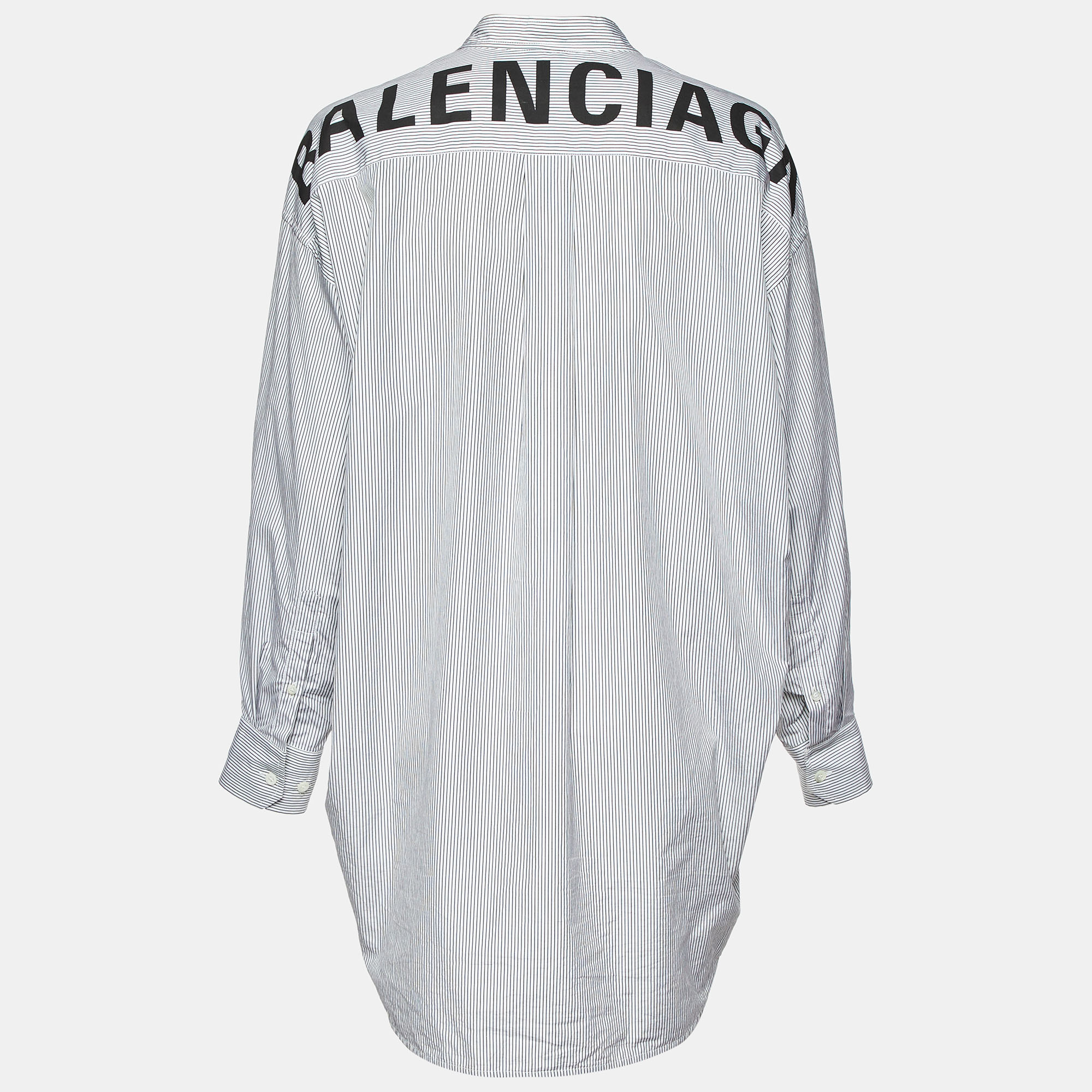 Balenciaga Black/White Logo Print Stripe Cotton Oversized Shirt S