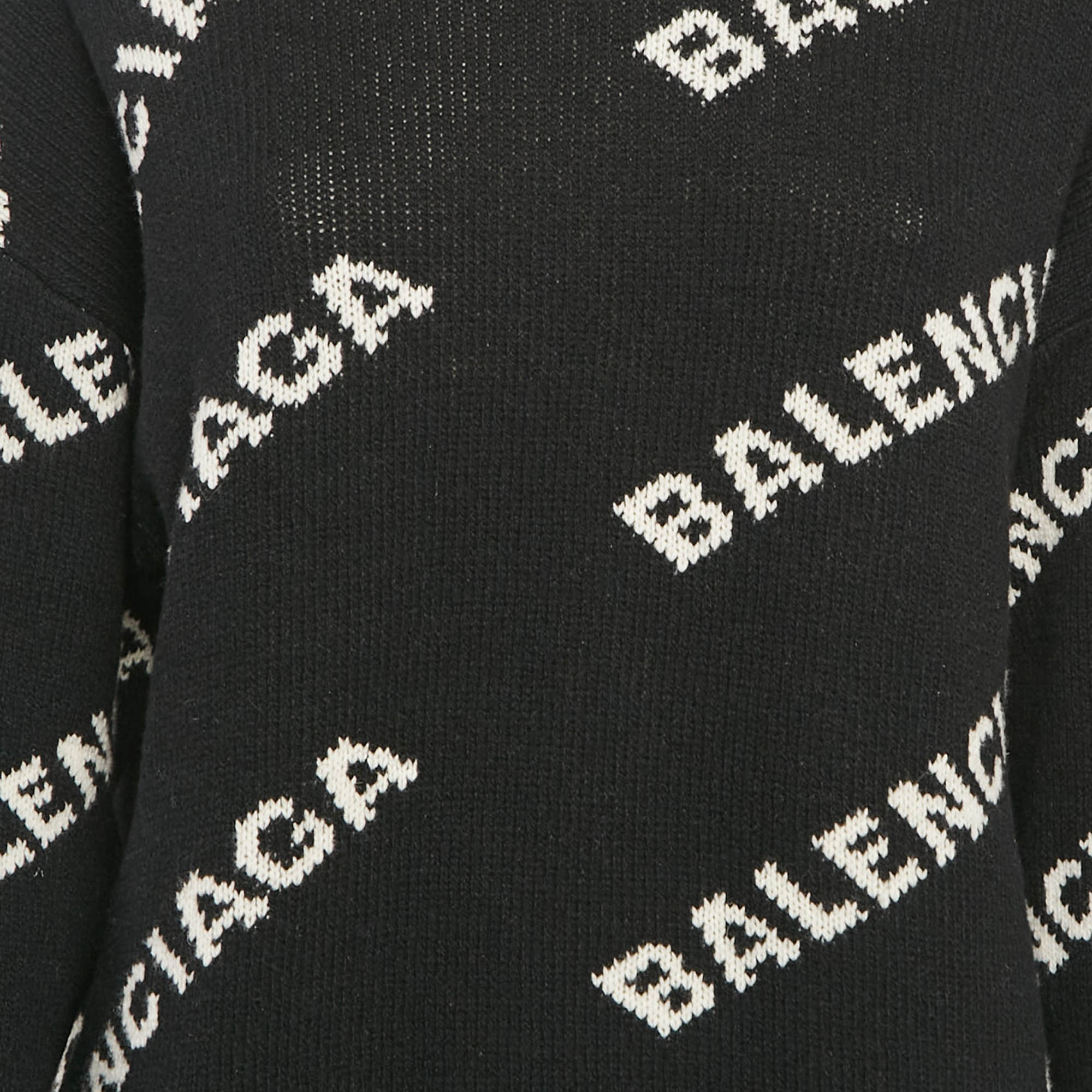 Balenciaga Black Logo All Over Wool Rib Knit Sweater S