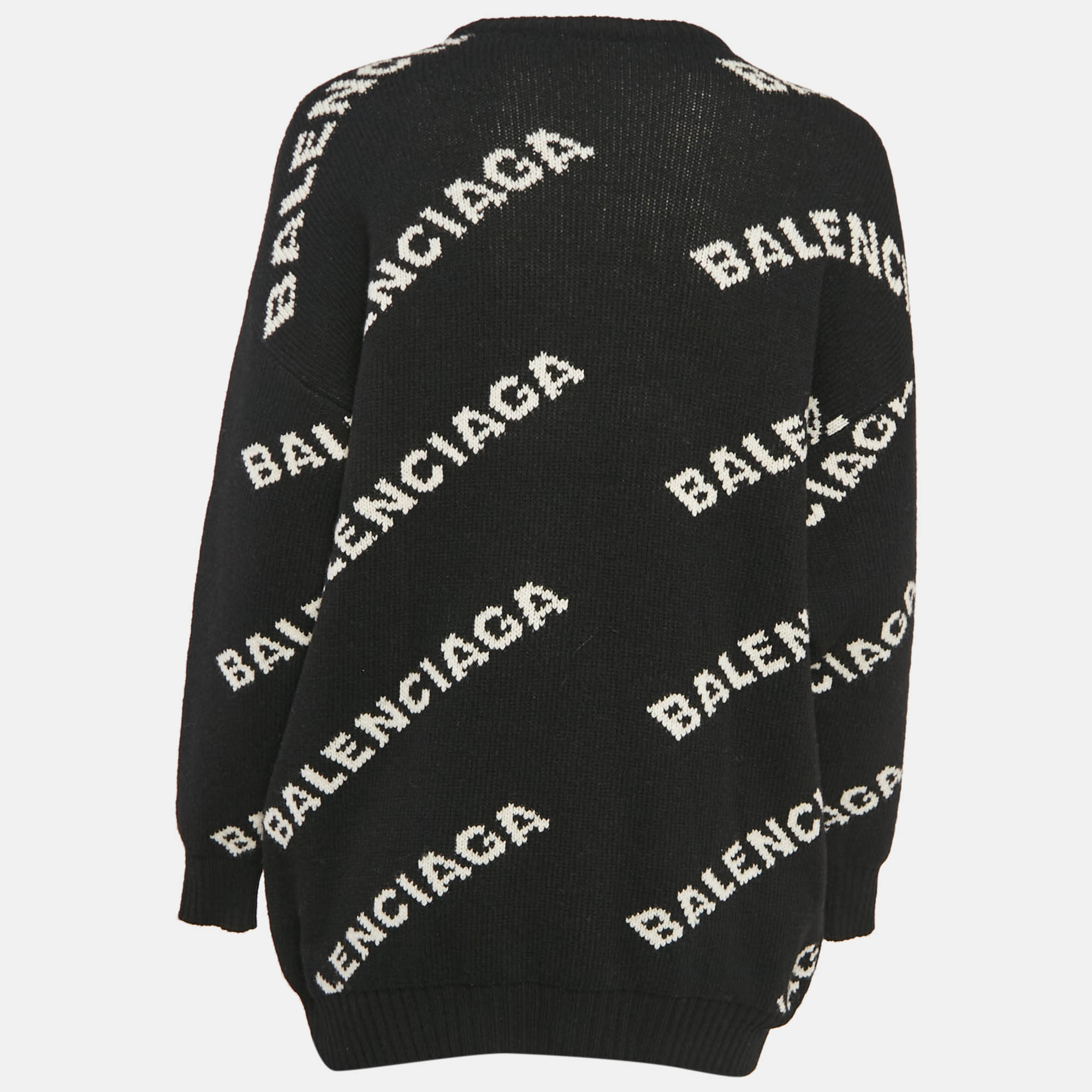 Balenciaga Black Logo All Over Wool Rib Knit Sweater S