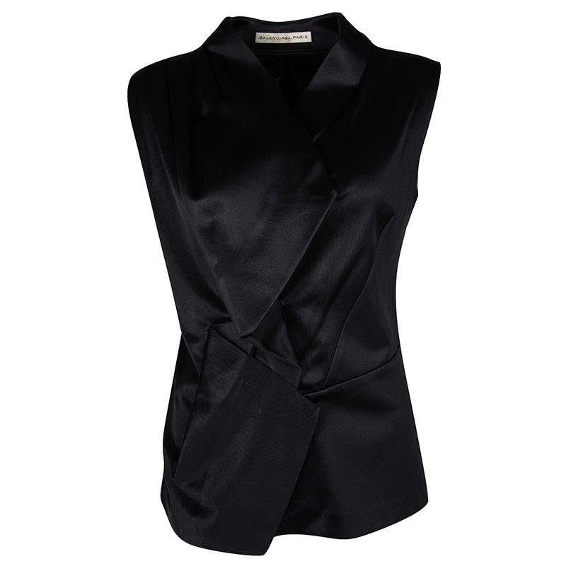 Image of Balenciaga Black Satin Sleeveless Asymmetric Vest M