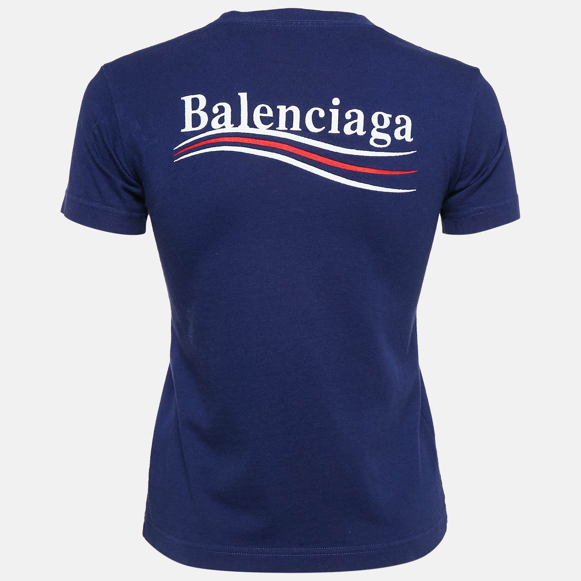 Balenciaga Blue Logo Embroidered Cotton Political Campaign T-Shirt XS