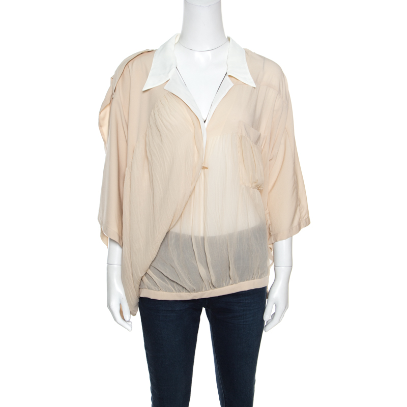 Image of Balenciaga Beige Silk Lapel Collar Detail Faux Wrap Blouse S