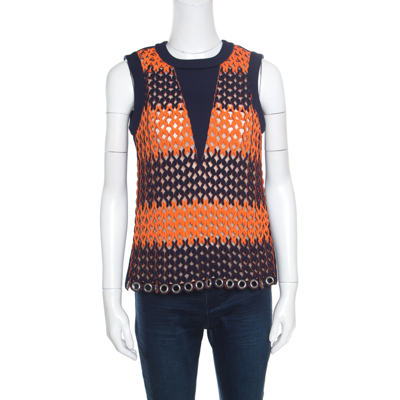 

Balenciaga Blue and Neon Orange Open Loop Weave Detail Sleeveless Top, Multicolor