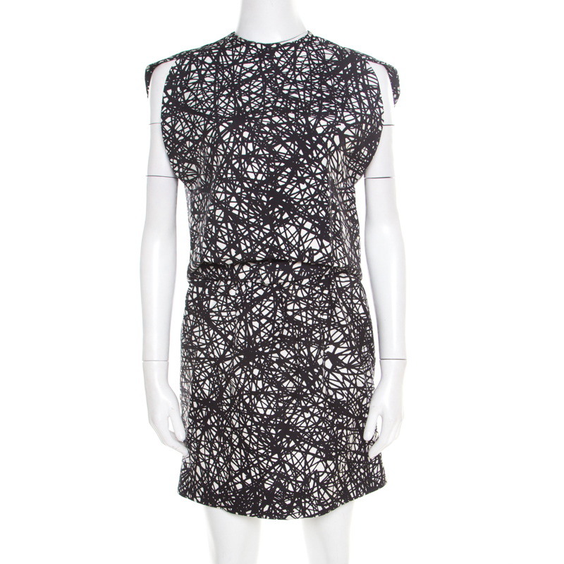 Image of Balenciaga Monochrome Scribbled Noise Print Drop Waist Belted Dress S